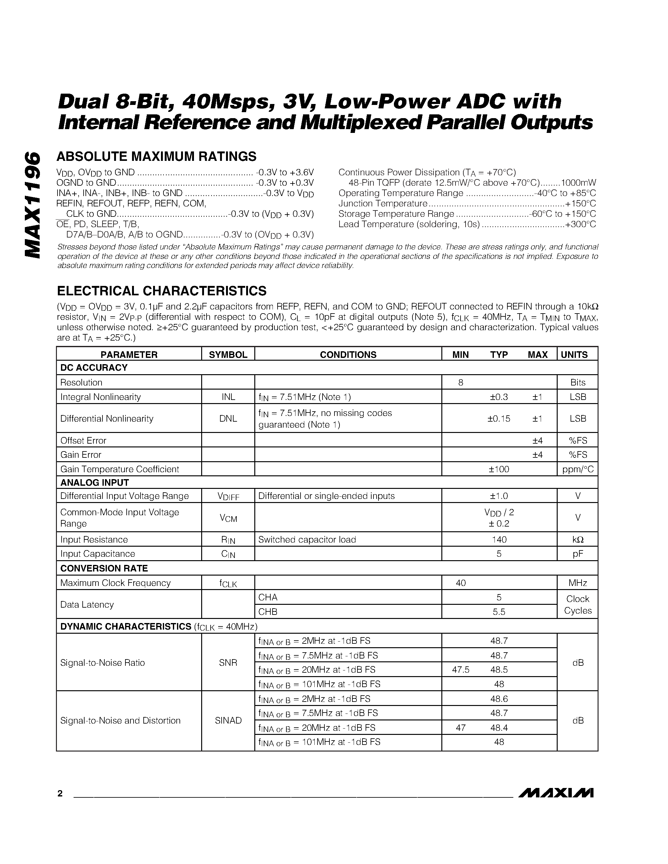 Datasheet MAX1196 - Dual 8-Bit / 40Msps / 3V / Low-Power ADC with Internal Reference and Multiplexed Parallel Outputs page 2
