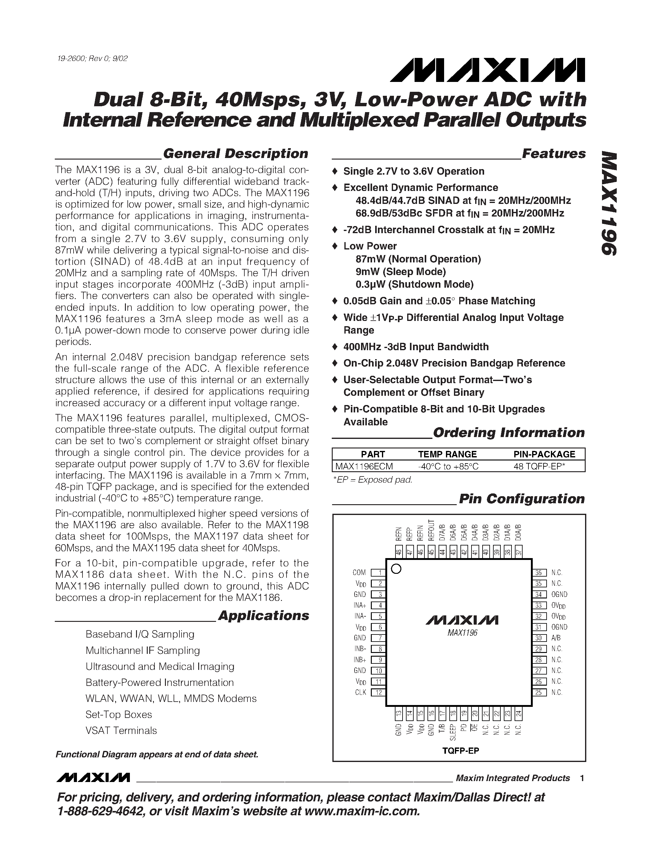 Datasheet MAX1196ECM - Dual 8-Bit / 40Msps / 3V / Low-Power ADC with Internal Reference and Multiplexed Parallel Outputs page 1