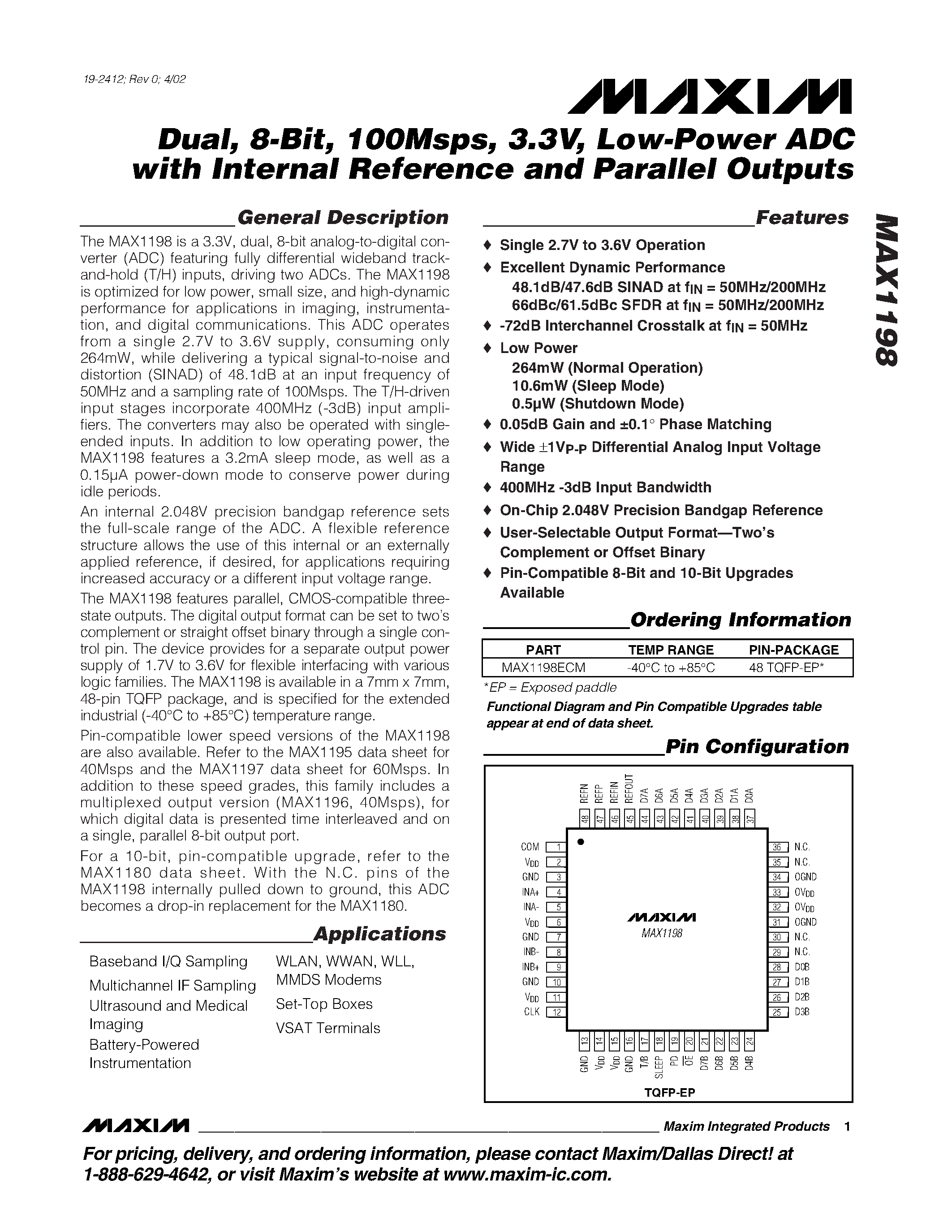 Datasheet MAX1198 - Dual / 8-Bit / 100Msps / 3.3V / Low-Power ADC with Internal Reference and Parallel Outputs page 1