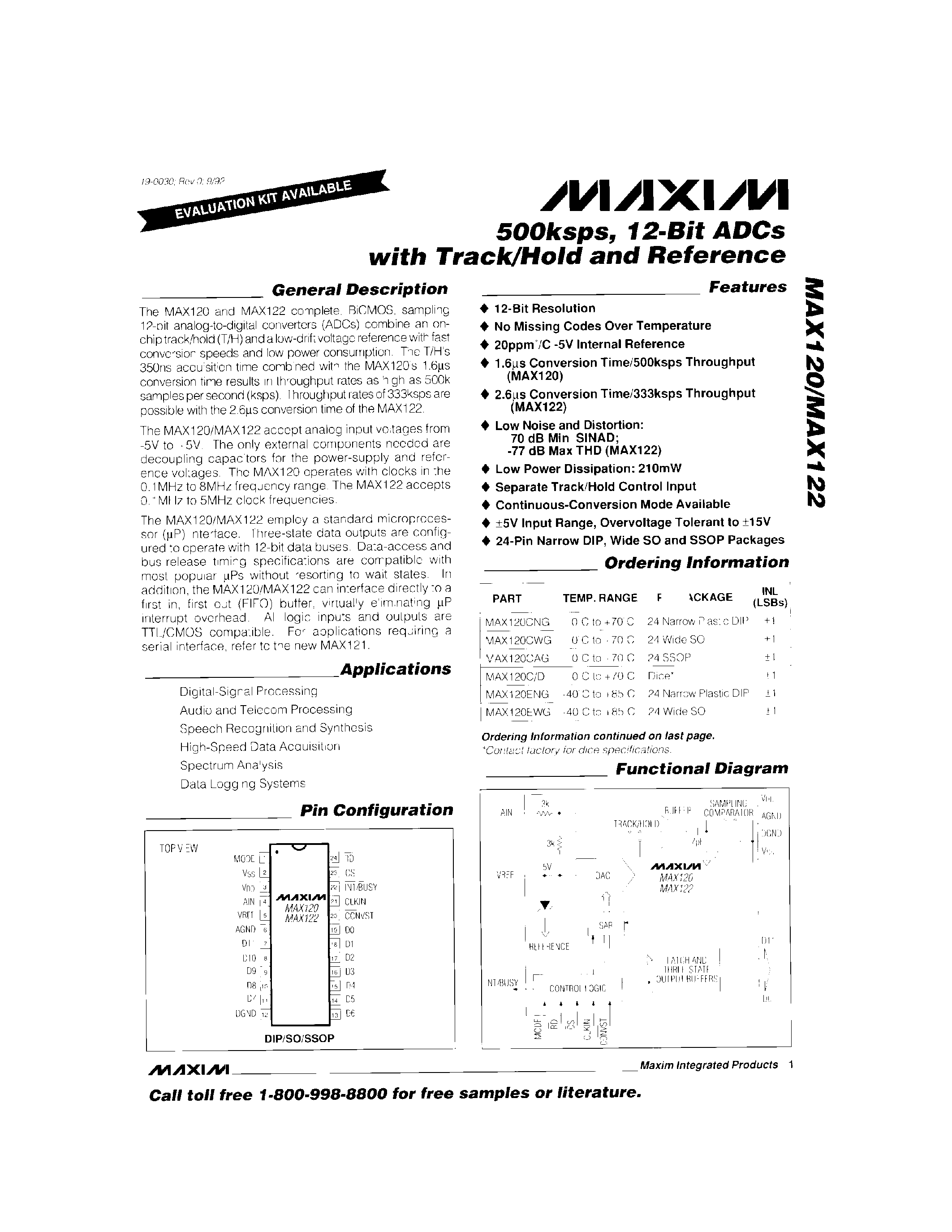 Даташит MAX120 - 500ksps / 12-Bit ADCs with Track/Hold And Refrence страница 1