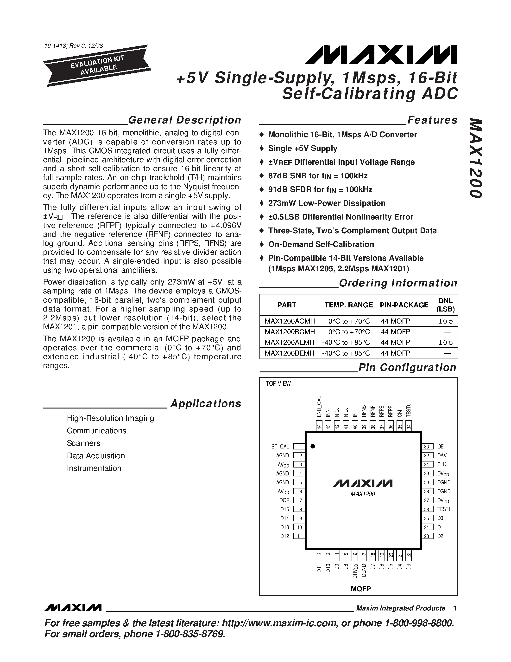 Datasheet MAX1200 - +5v sINGLE-sUPPLY / 1mSPS / 16-bIT sELF-cALIBRATING adc page 1