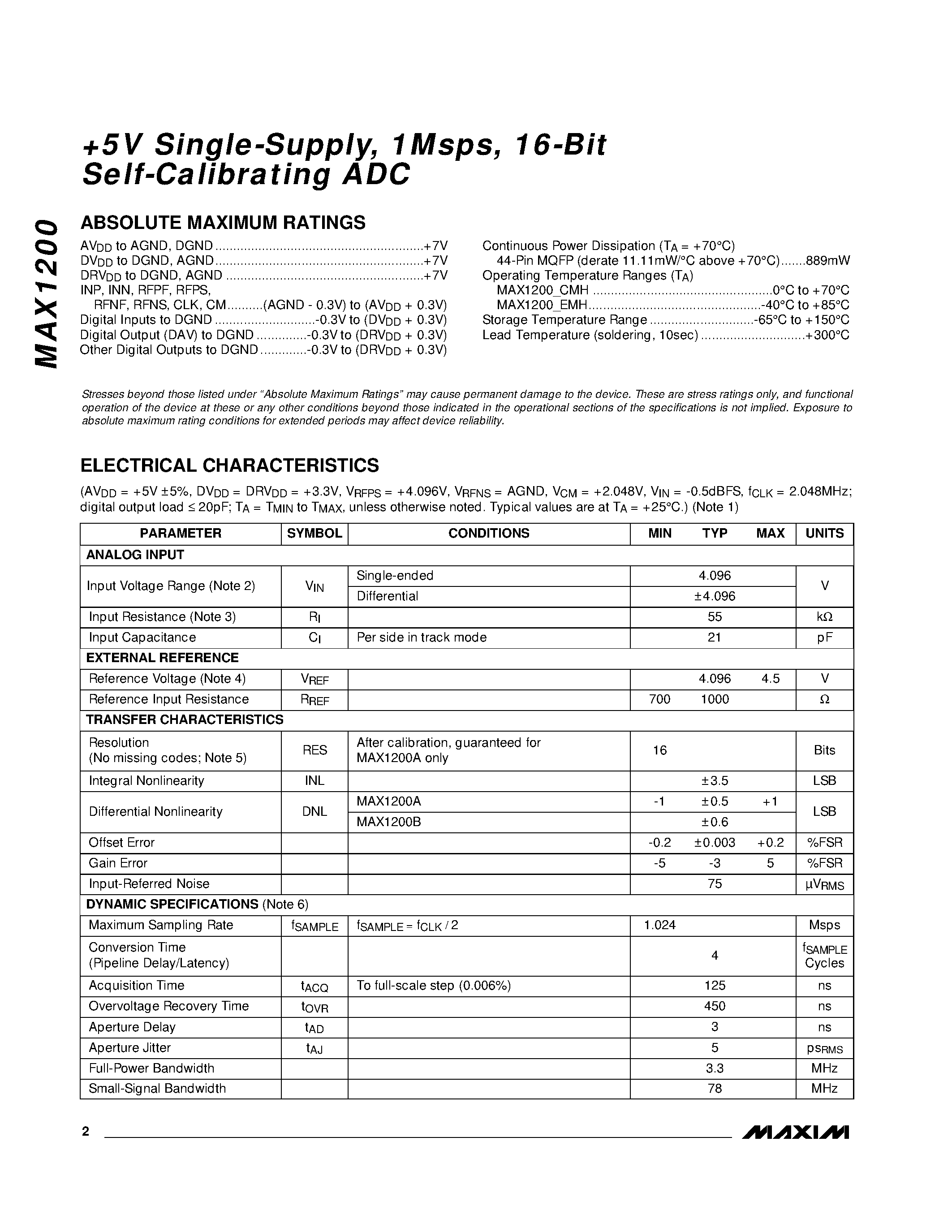 Datasheet MAX1200 - +5v sINGLE-sUPPLY / 1mSPS / 16-bIT sELF-cALIBRATING adc page 2