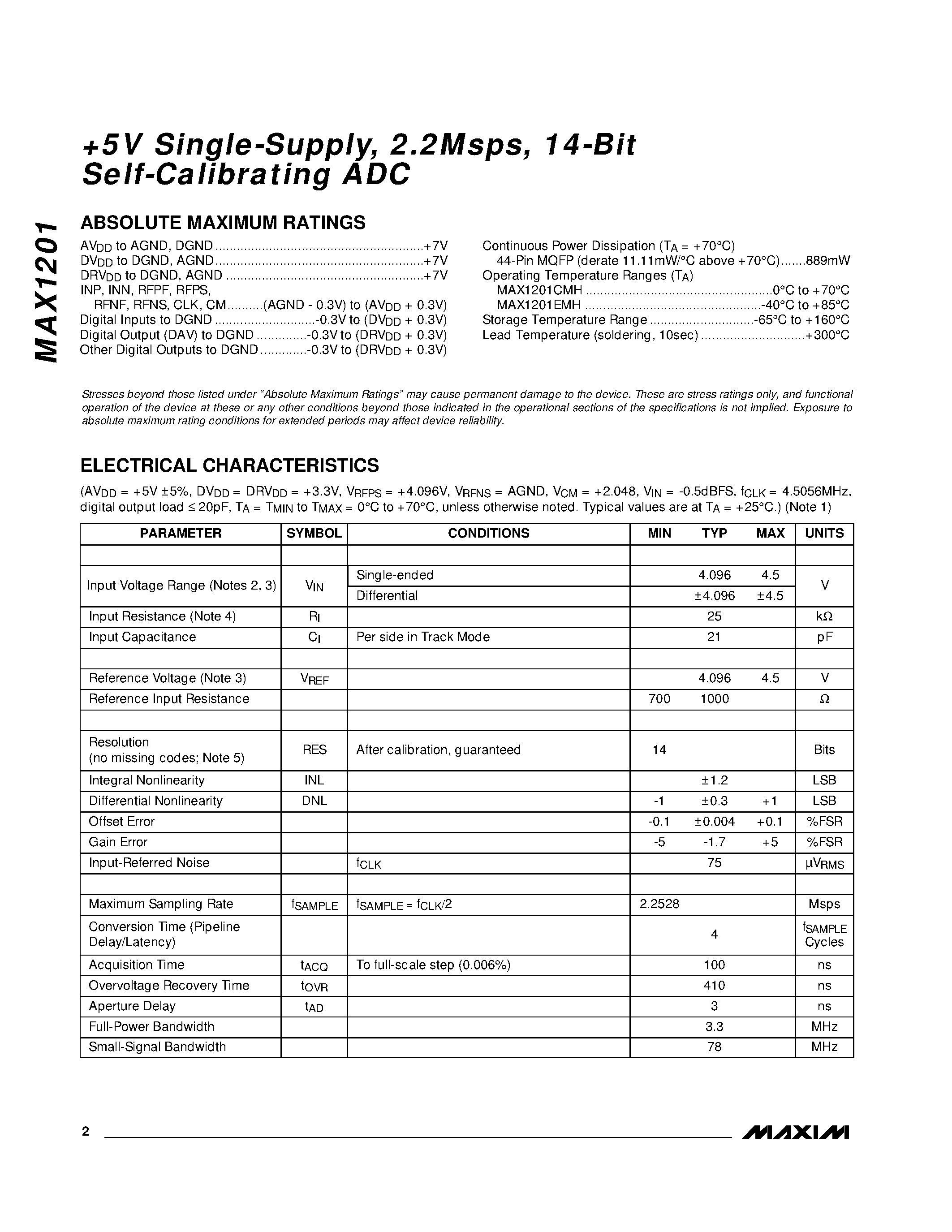 Datasheet MAX1201 - +5v sINGLE-sUPPLY / 2.2mSPS / 14-bIT sELF-cALIBRATING adc page 2