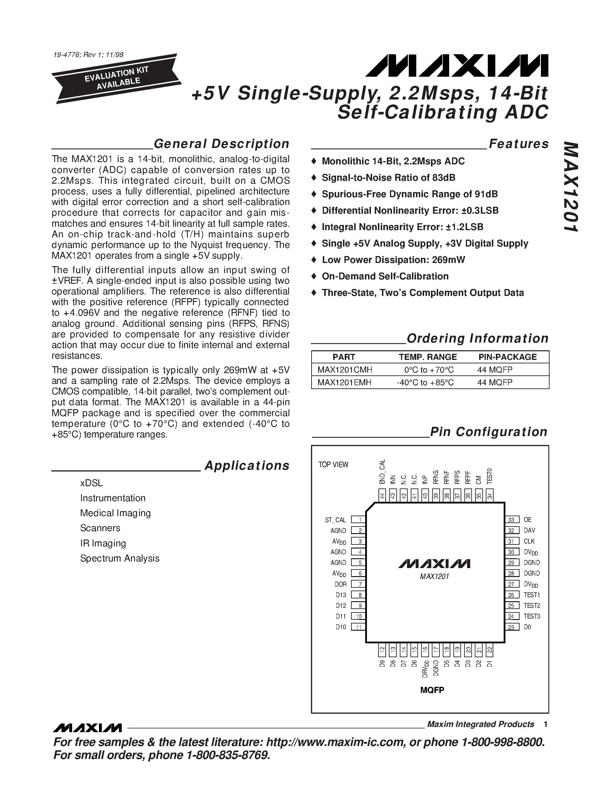 Datasheet MAX1201EMH - +5v sINGLE-sUPPLY / 2.2mSPS / 14-bIT sELF-cALIBRATING adc page 1