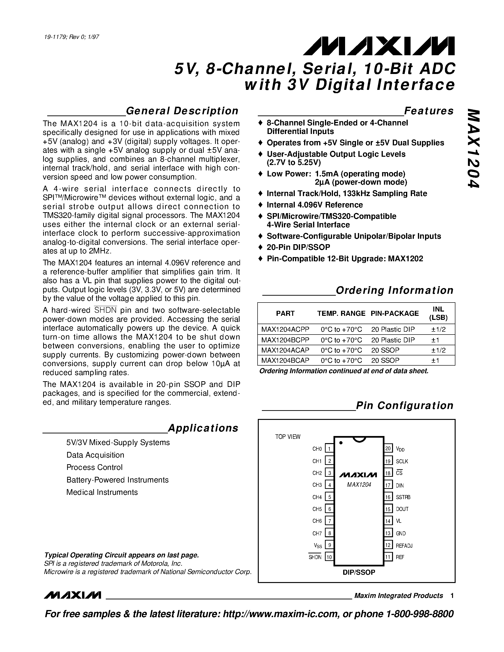 Datasheet MAX1204 - 5v / 8-cHANNEL / sERIAL / 10-bIT adc WITH 3v dIGITAL iNTERFACE page 1