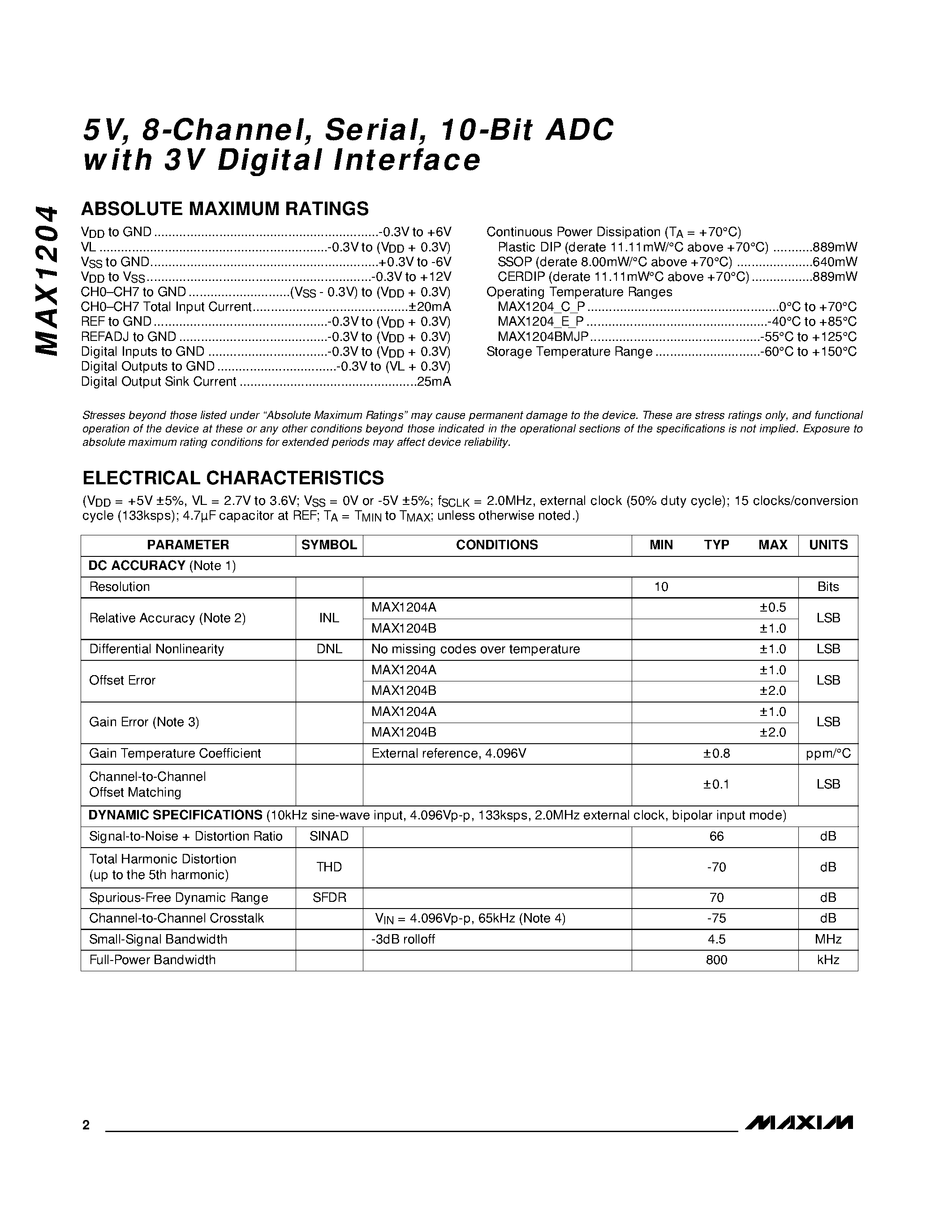 Datasheet MAX1204 - 5v / 8-cHANNEL / sERIAL / 10-bIT adc WITH 3v dIGITAL iNTERFACE page 2