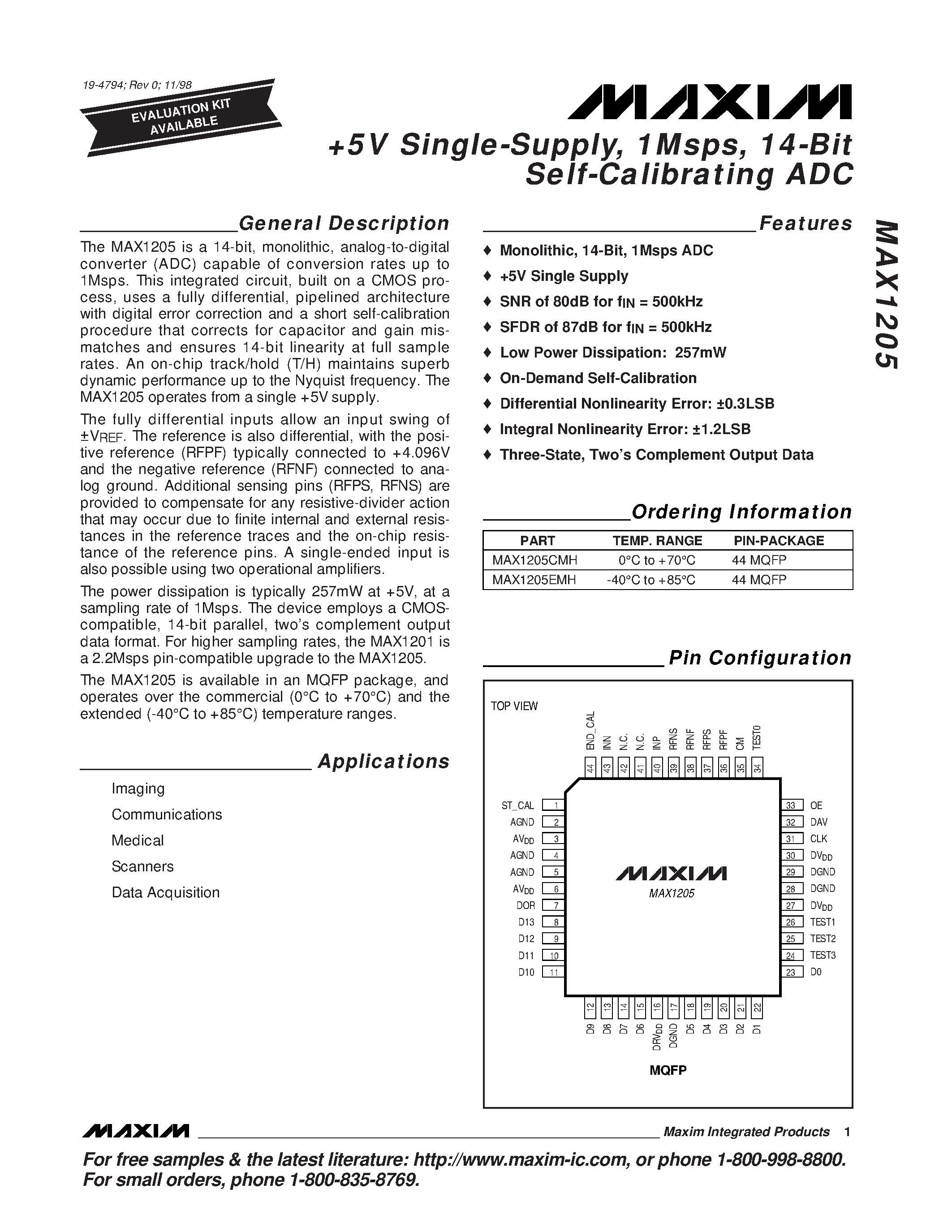 Datasheet MAX1205EMH - +5v sINGLE-sUPPLY / 1mSPS / 14-bIT sELF-cALIBRATING adc page 1