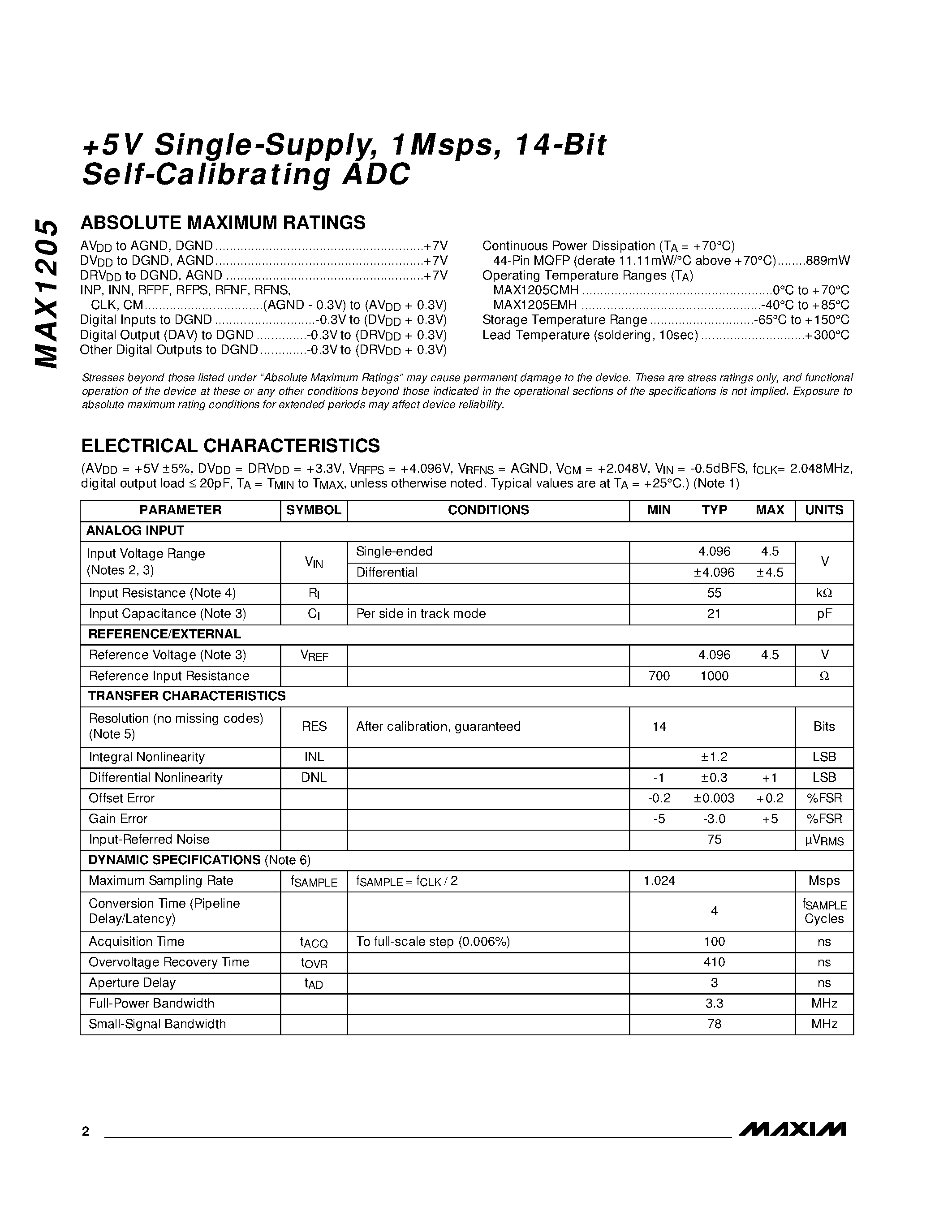 Datasheet MAX1205EMH - +5v sINGLE-sUPPLY / 1mSPS / 14-bIT sELF-cALIBRATING adc page 2