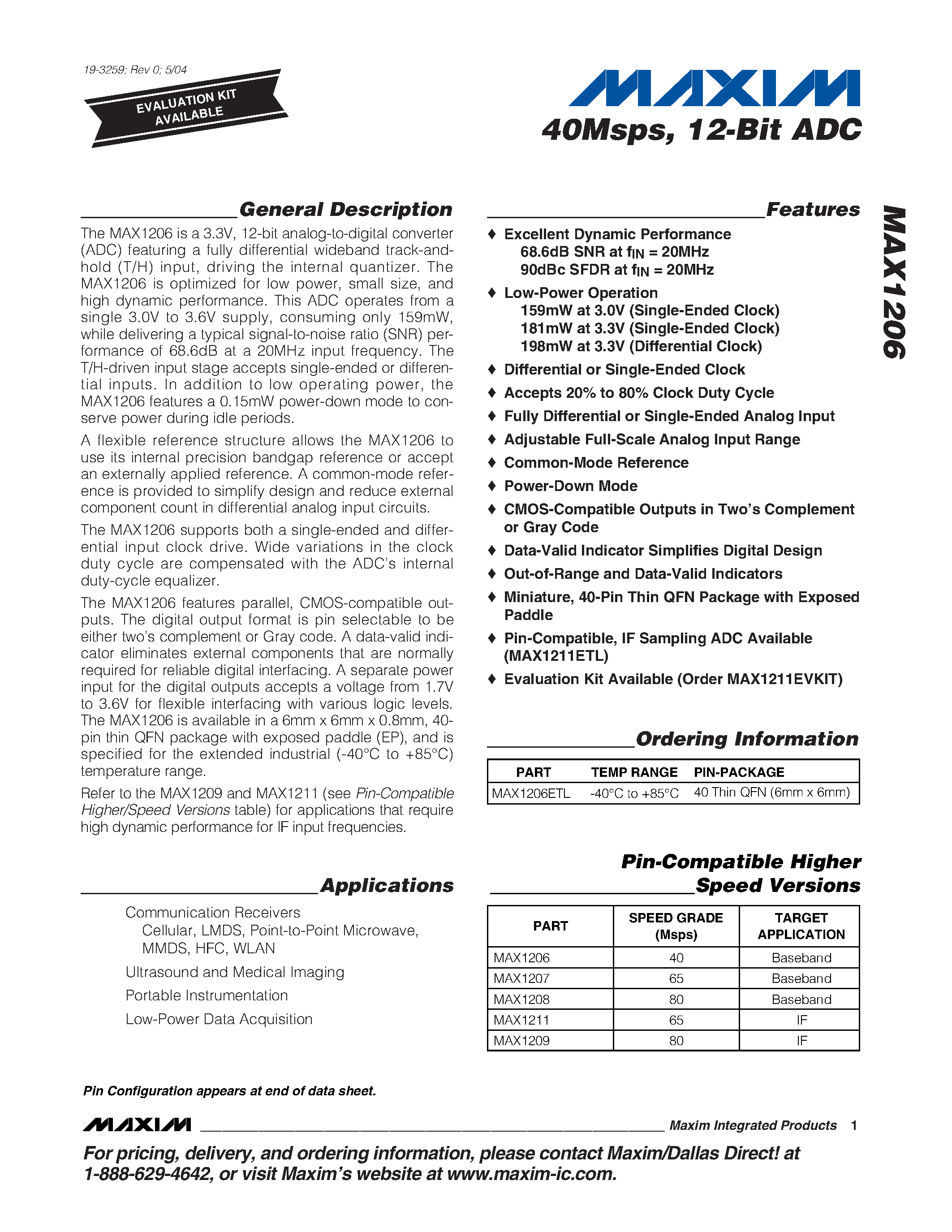 Datasheet MAX1209 - 40Msps / 12-Bit ADC page 1