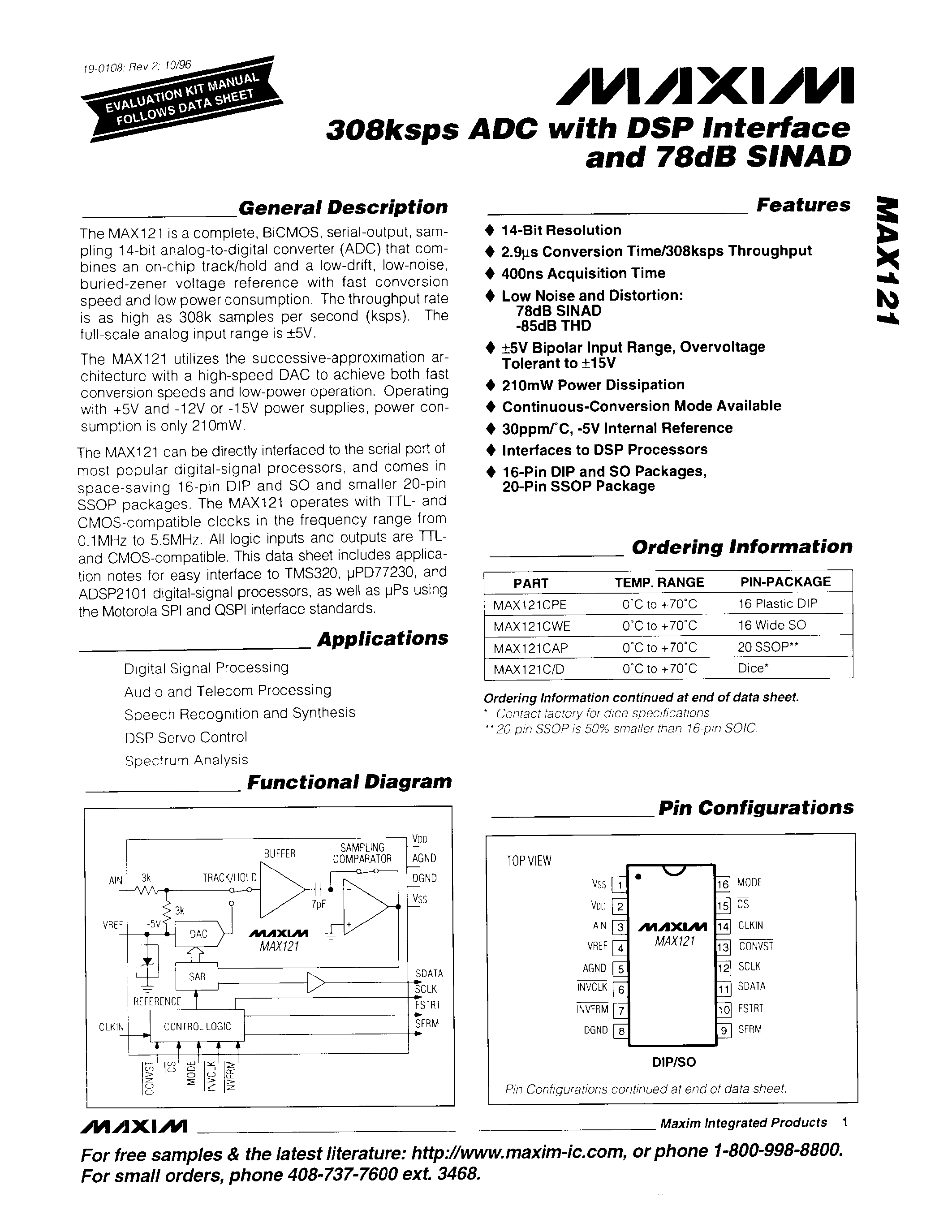 Datasheet MAX121 - 308Ksps ADC with DSP Interface and 78dB SINAD page 1