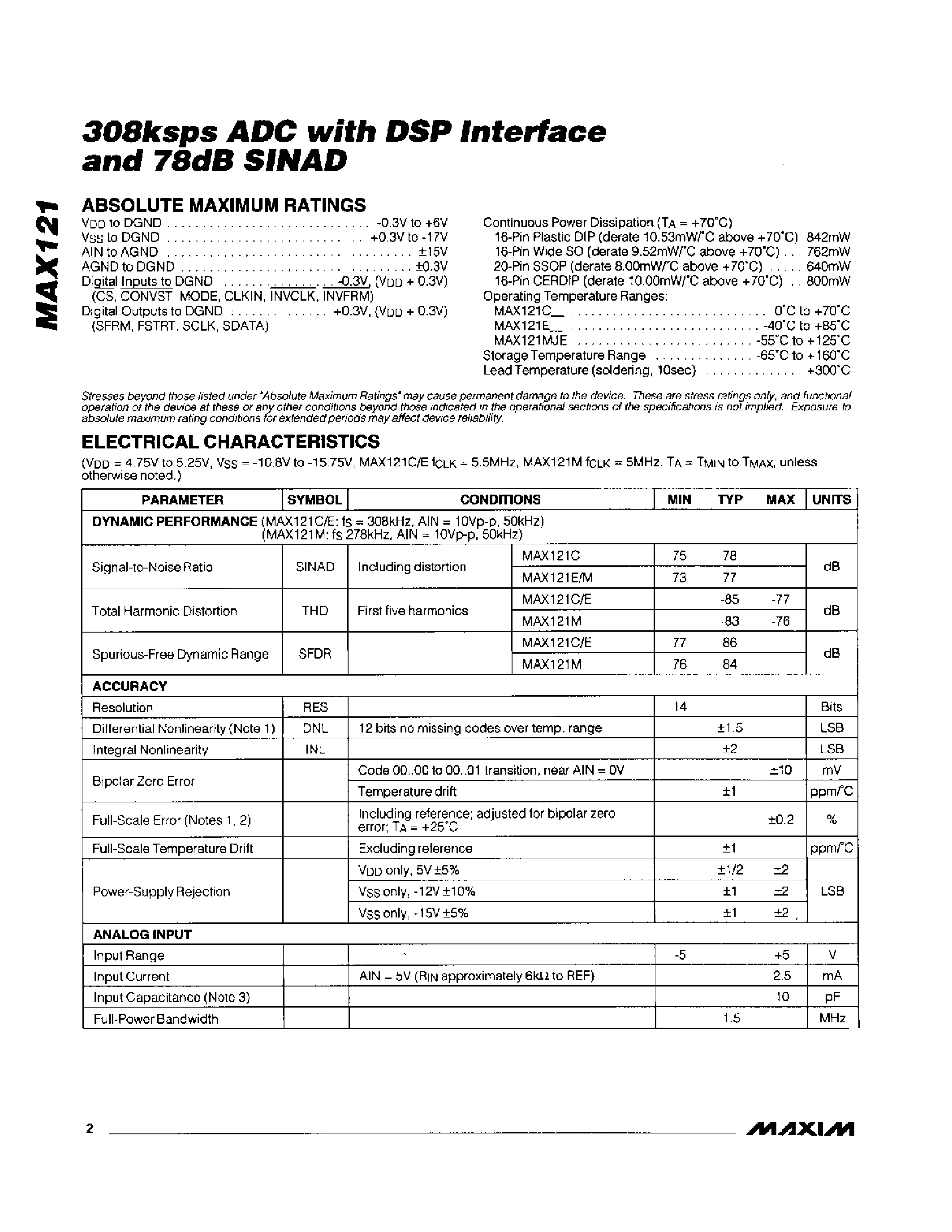 Datasheet MAX121 - 308Ksps ADC with DSP Interface and 78dB SINAD page 2