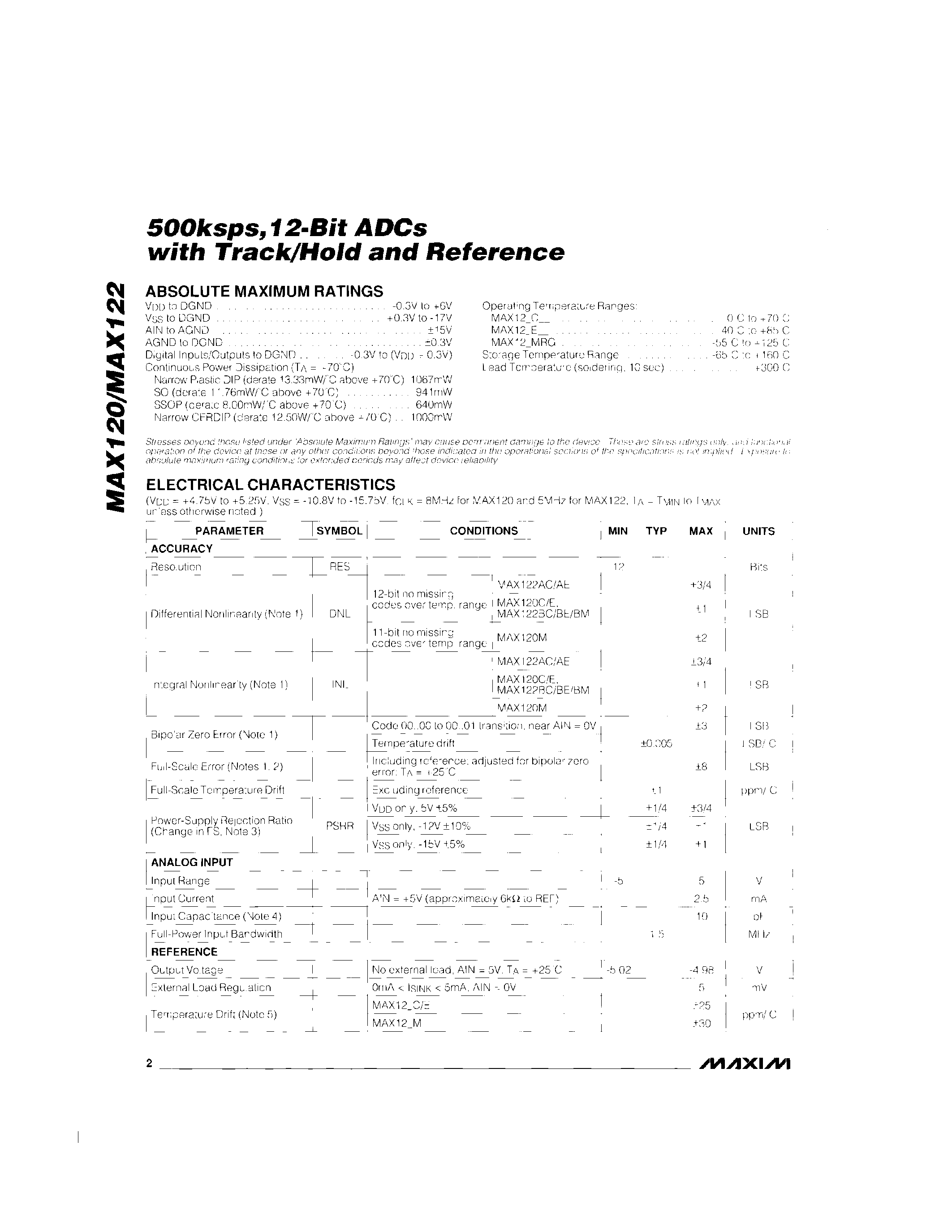 Даташит MAX122 - 500ksps / 12-Bit ADCs with Track/Hold And Refrence страница 2