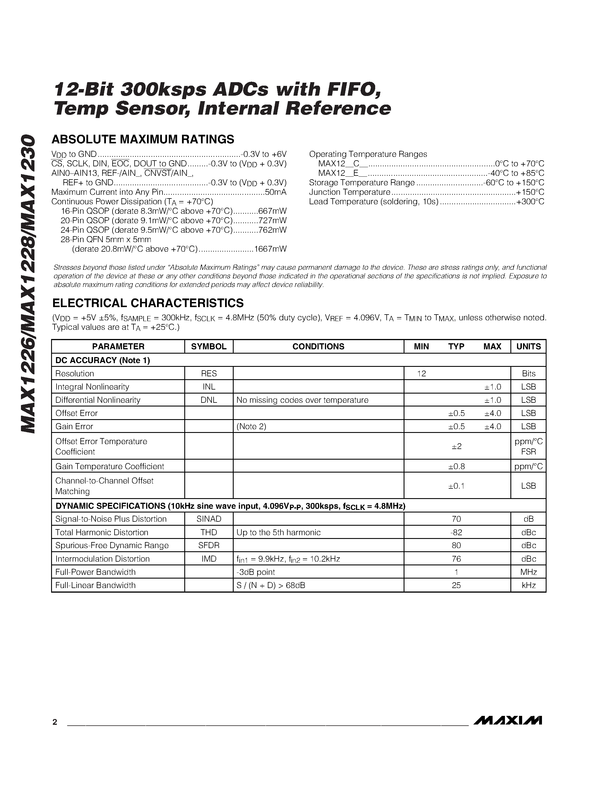 Даташит MAX1226 - 12-Bit 300ksps ADCs with FIFO / Temp Sensor / Internal Reference страница 2