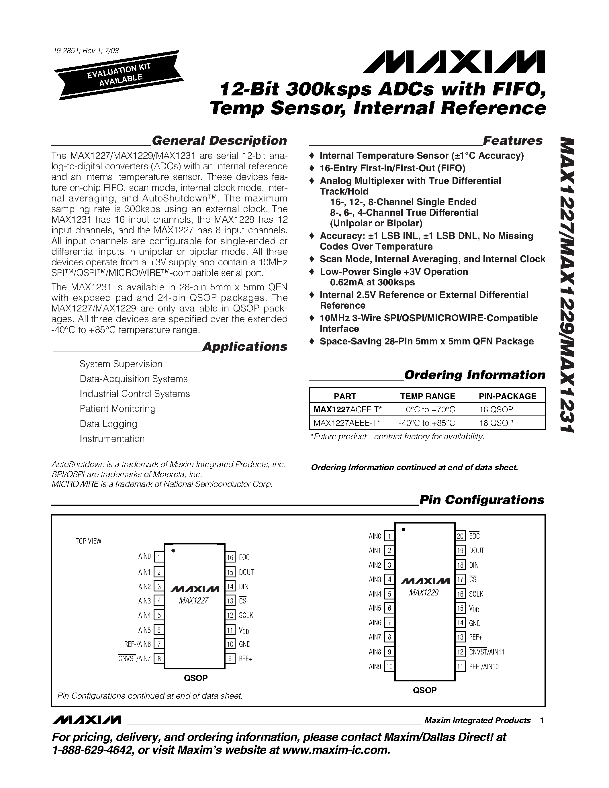 Даташит MAX1227 - 12-Bit 300ksps ADCs with FIFO / Temp Sensor / Internal Reference страница 1