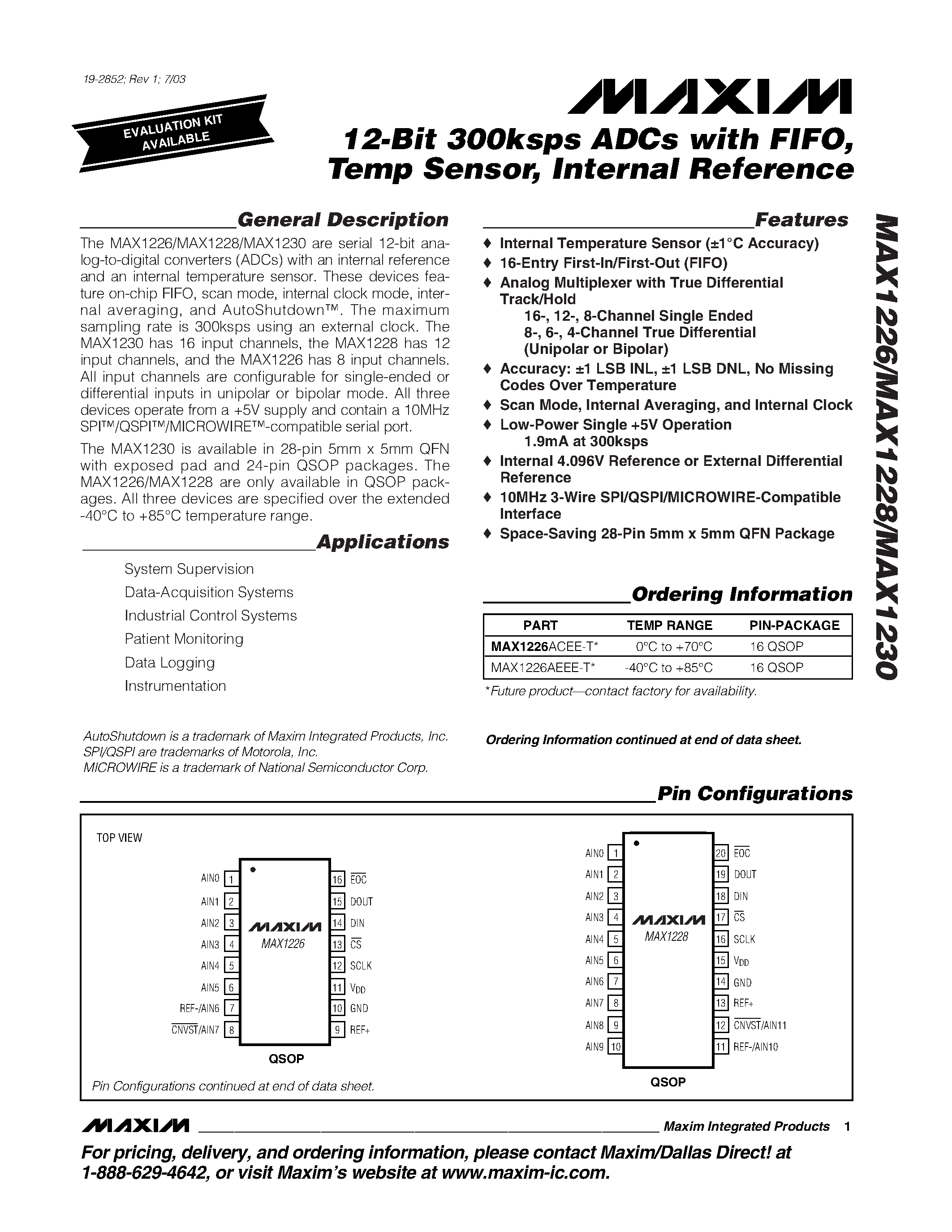 Даташит MAX1228 - 12-Bit 300ksps ADCs with FIFO / Temp Sensor / Internal Reference страница 1