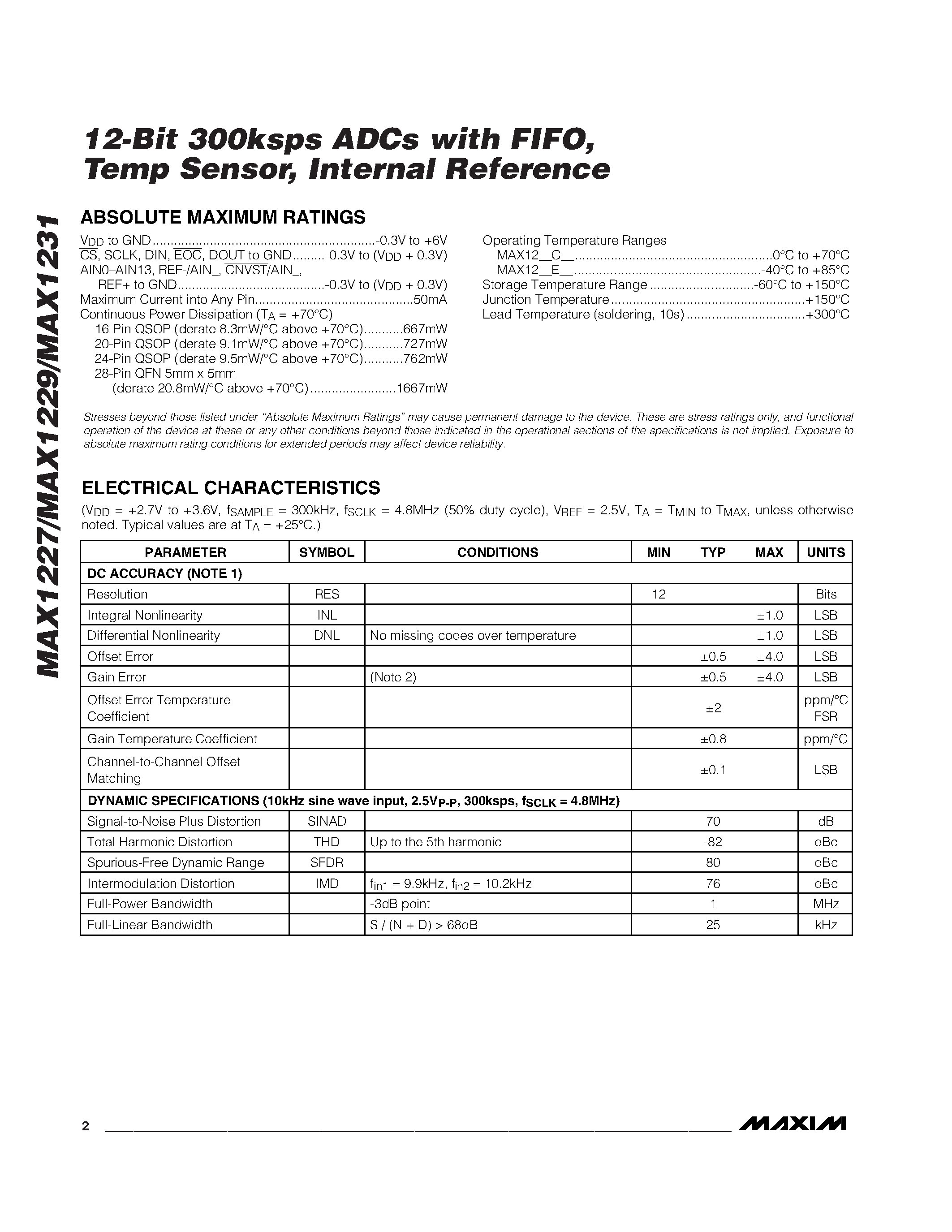 Даташит MAX1231 - 12-Bit 300ksps ADCs with FIFO / Temp Sensor / Internal Reference страница 2