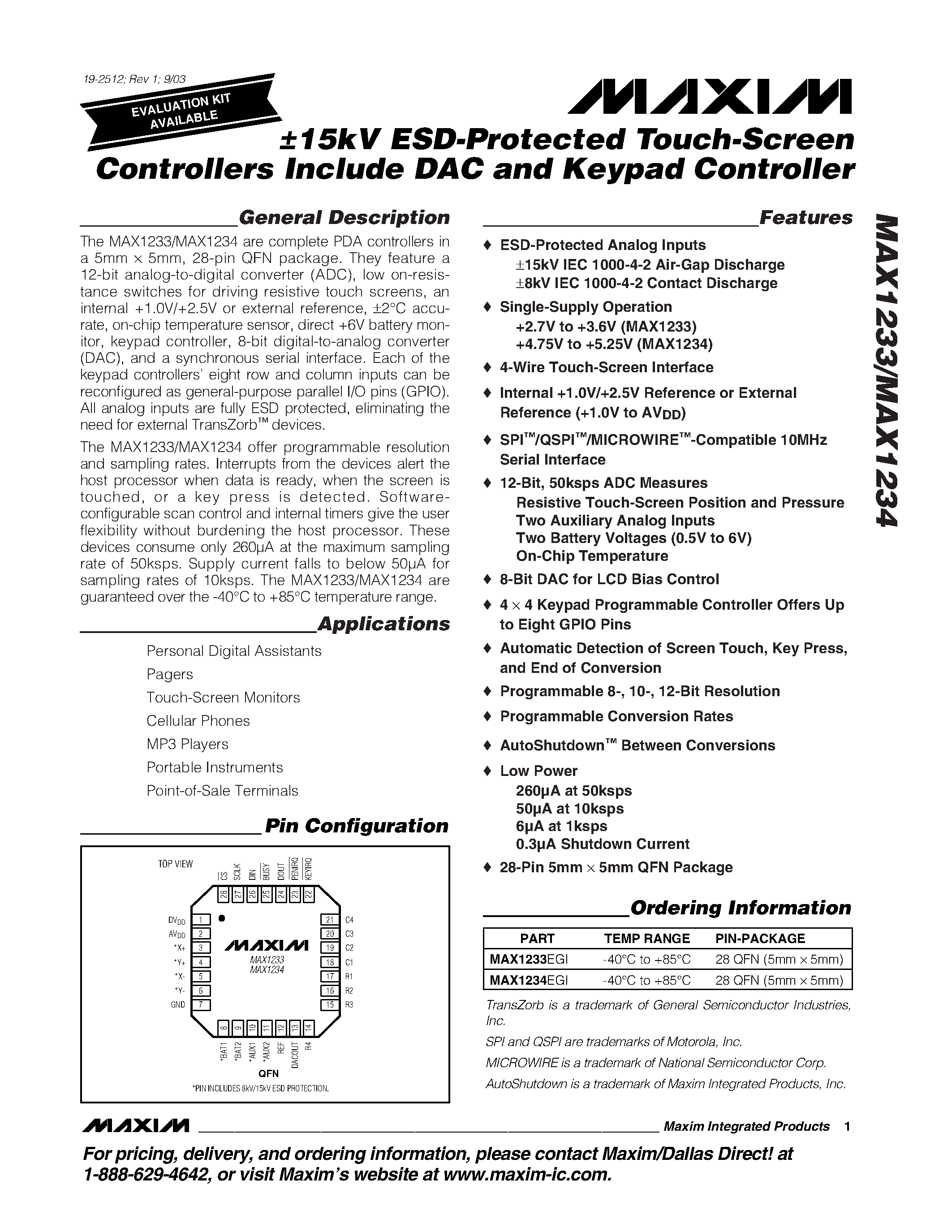 Datasheet MAX1233 - 15kV ESD-Protected Touch-Screen Controllers Include DAC and Keypad Controller page 1