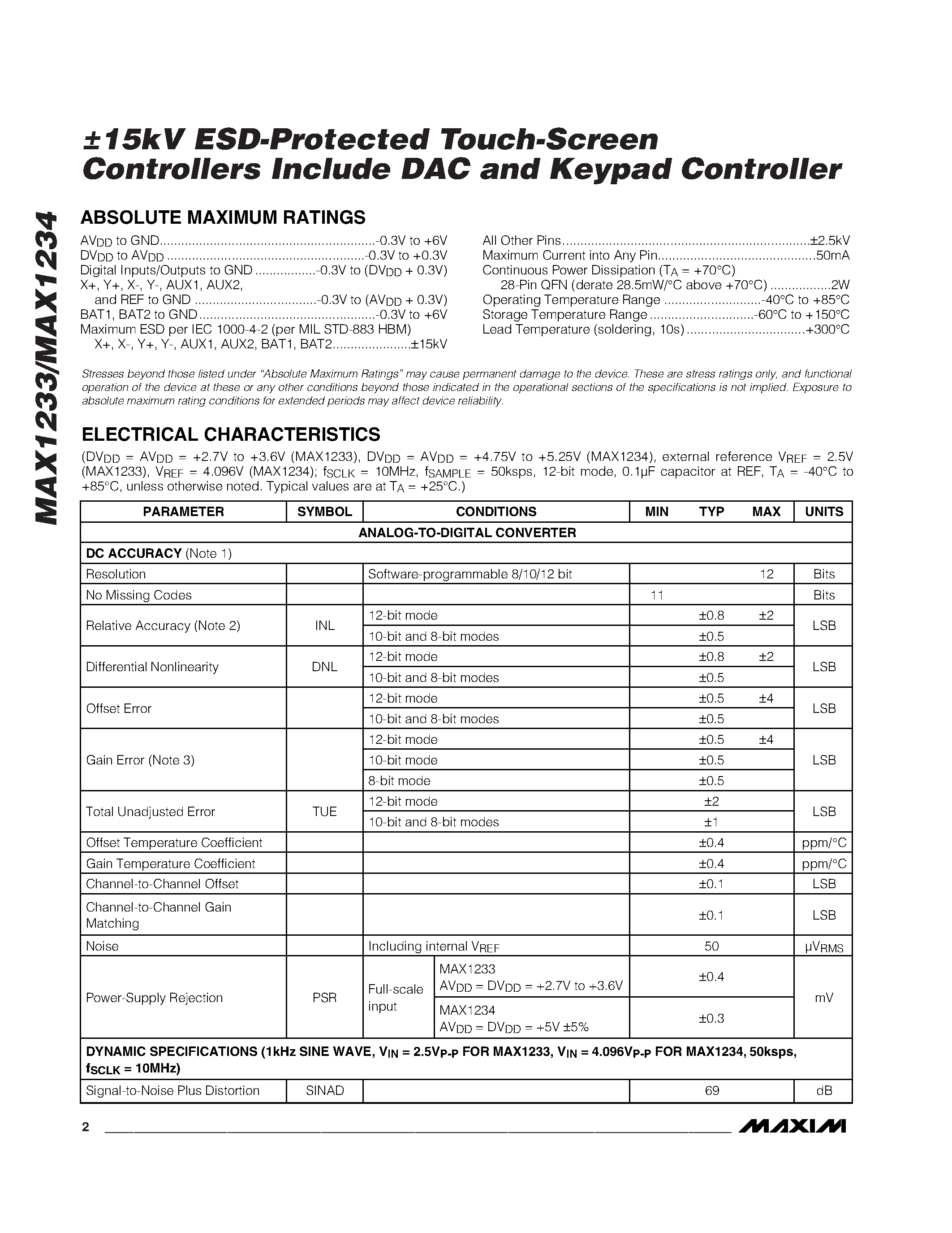Datasheet MAX1234EGI - 15kV ESD-Protected Touch-Screen Controllers Include DAC and Keypad Controller page 2