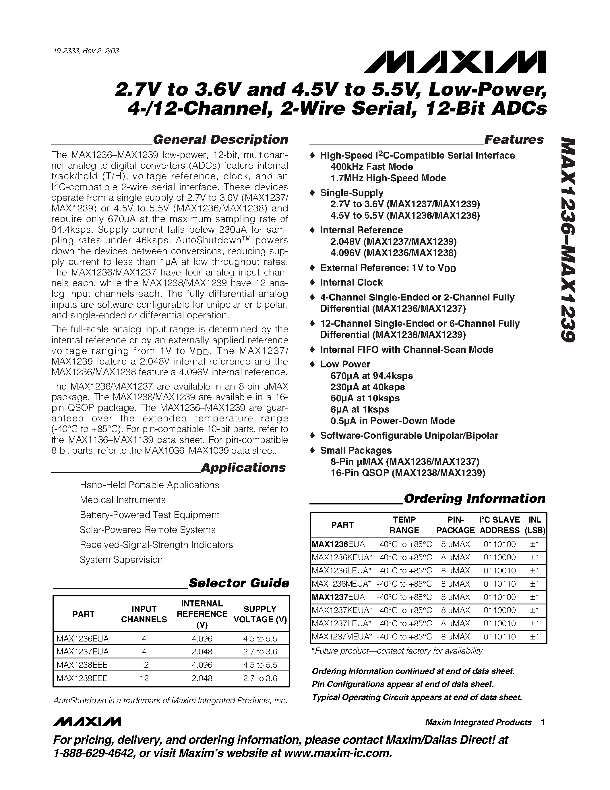 Даташит MAX1236 - 2.7V to 3.6V and 4.5V to 5.5V / Low-Power / 4-/12-Channel / 2-Wire Serial / 12-Bit ADCs страница 1