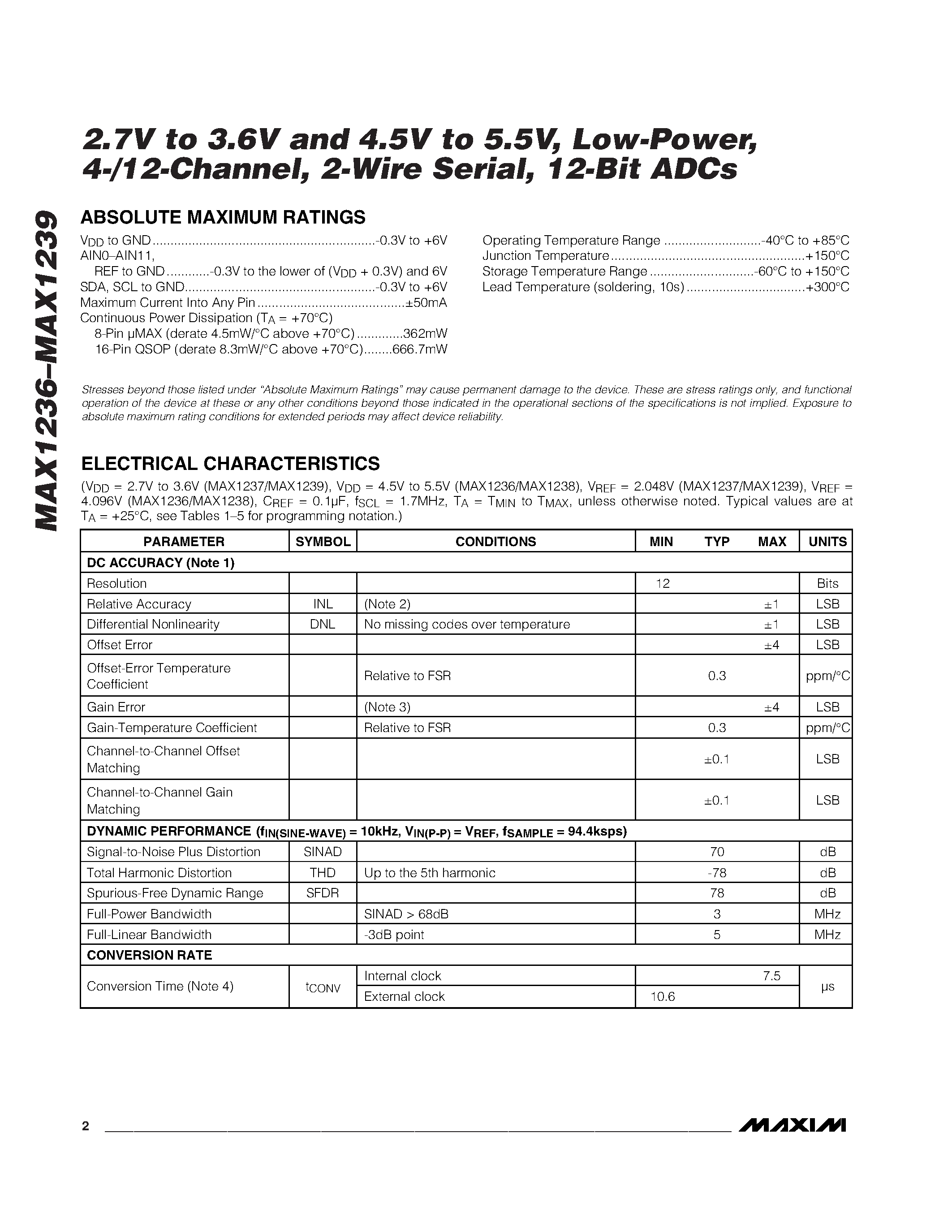 Даташит MAX1237 - 2.7V to 3.6V and 4.5V to 5.5V / Low-Power / 4-/12-Channel / 2-Wire Serial / 12-Bit ADCs страница 2
