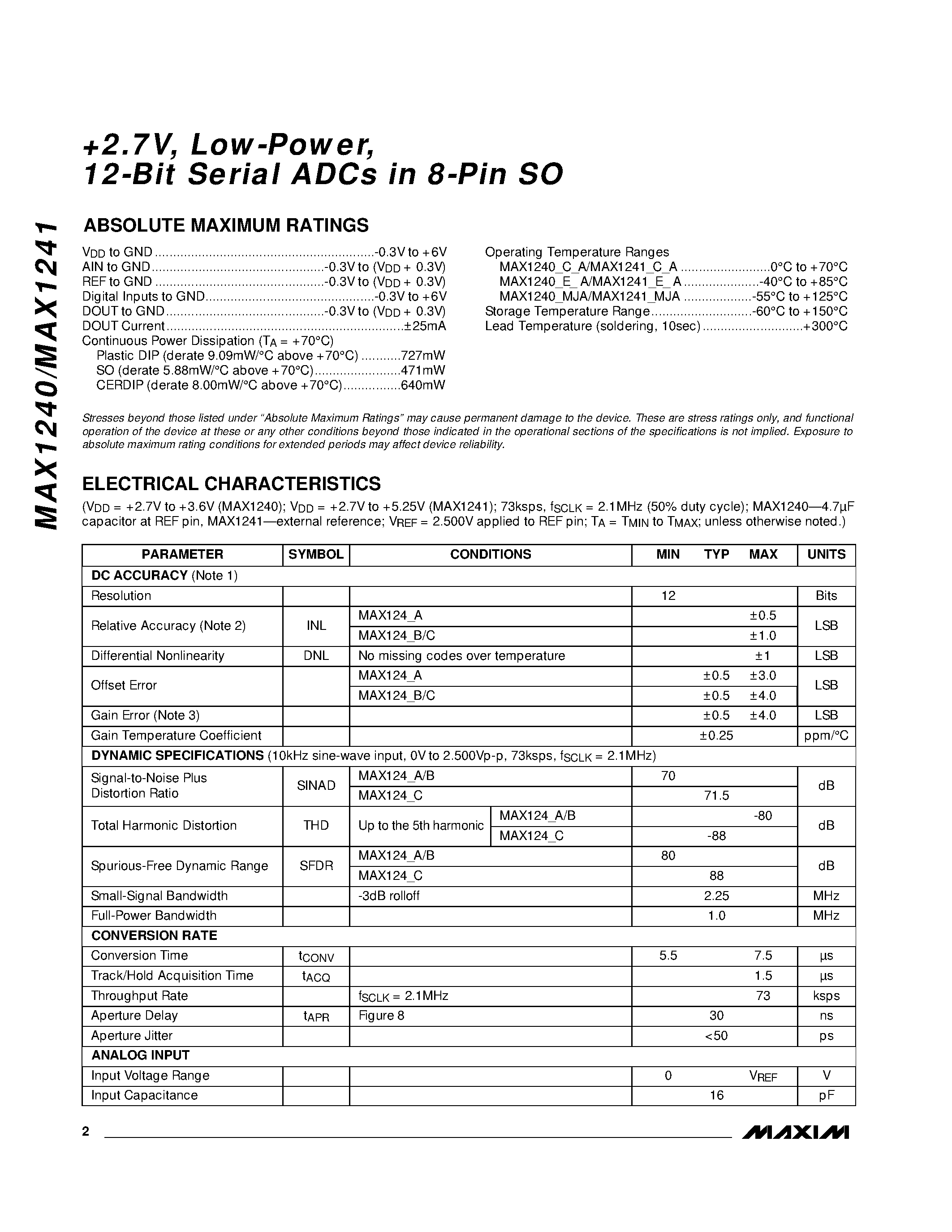 Даташит MAX1241BC/D - +2.7V / Low-Power / 12-Bit Serial ADCs in 8-Pin SO страница 2