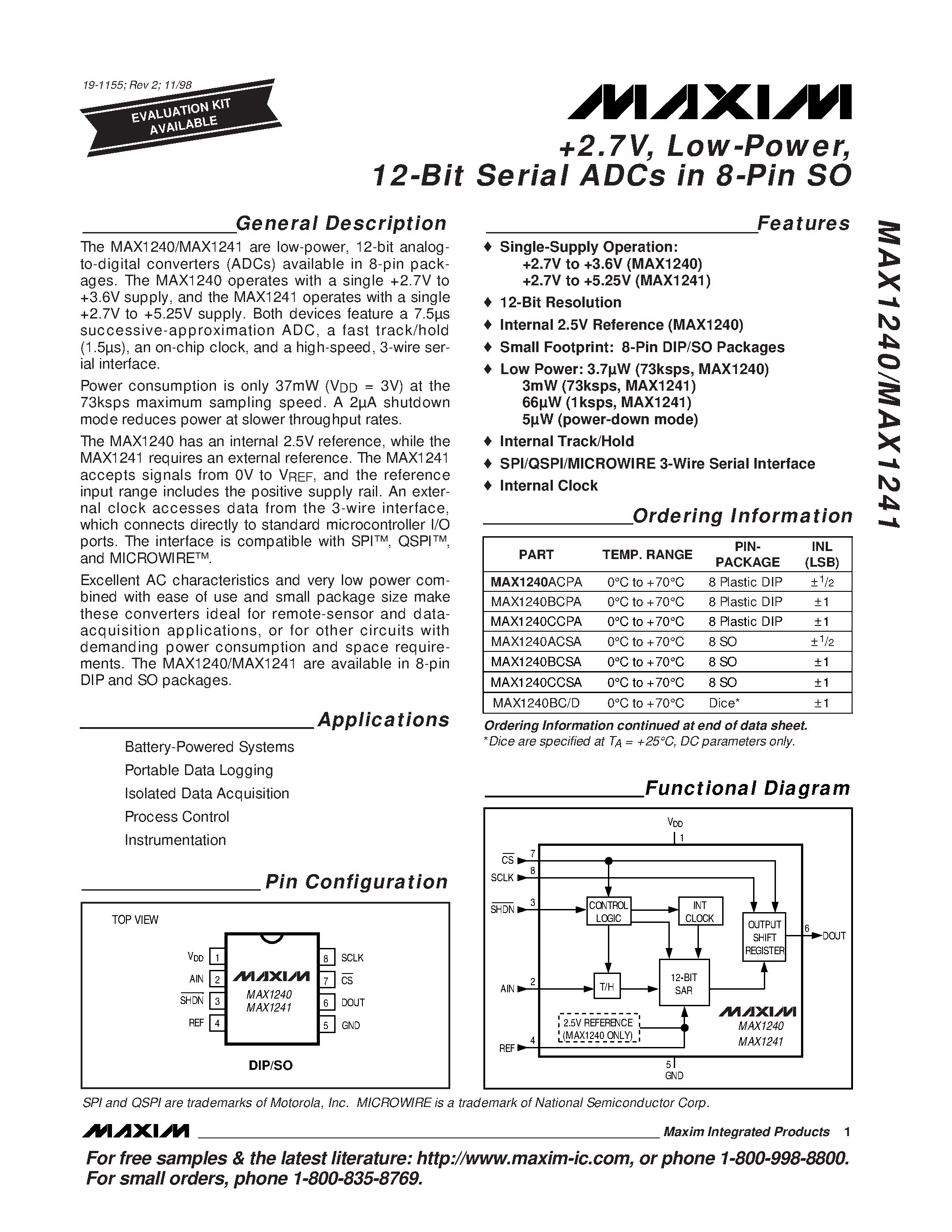Даташит MAX1241BEPA - +2.7V / Low-Power / 12-Bit Serial ADCs in 8-Pin SO страница 1