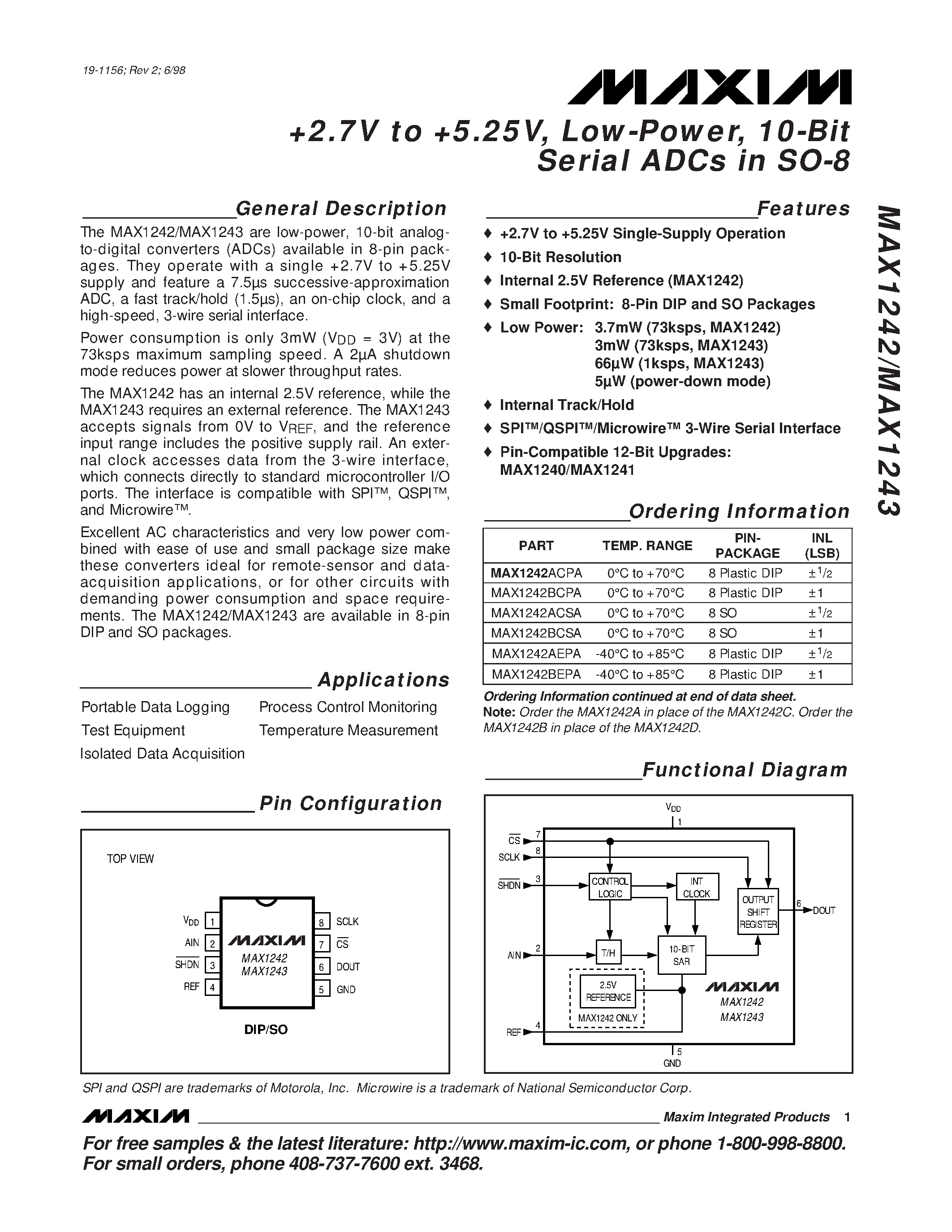 Даташит MAX1242 - +2.7V to %.25V / Low-Power / 10-Bit Serial ADCs in SO-8 страница 1