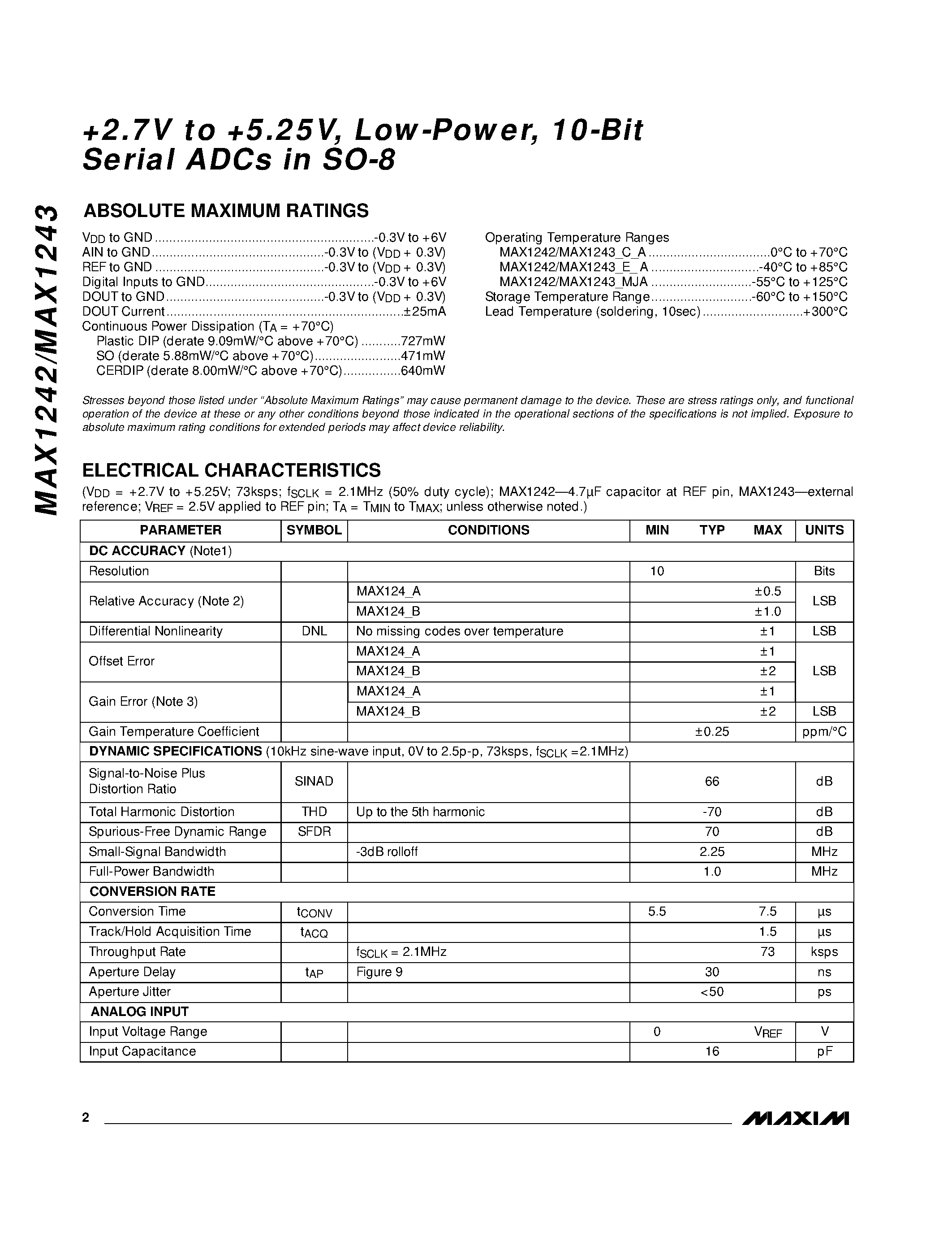 Даташит MAX1242 - +2.7V to %.25V / Low-Power / 10-Bit Serial ADCs in SO-8 страница 2