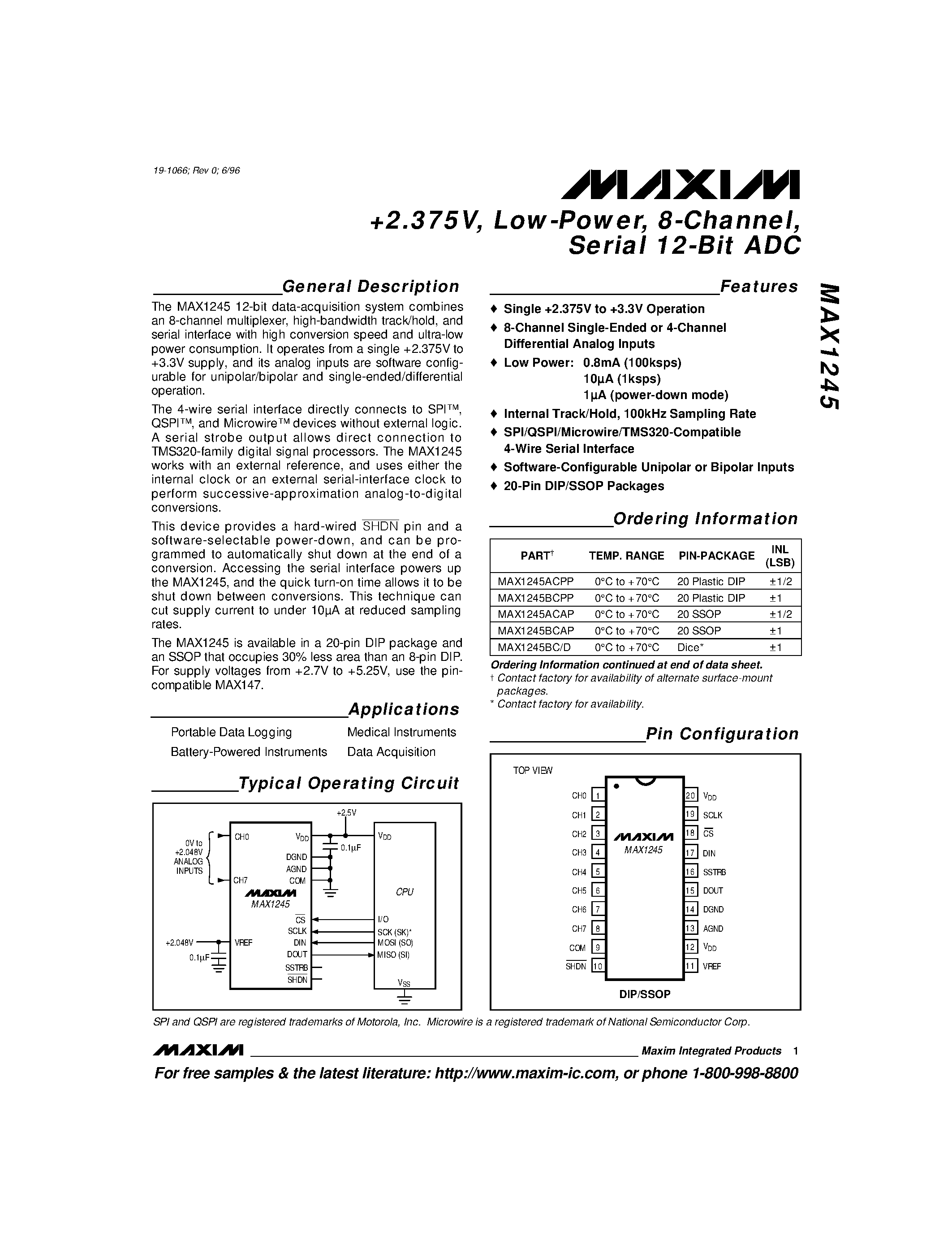 Datasheet MAX1245 - +2.375V / Low-Power / 8-Channel / Serial 12-Bit ADC page 1