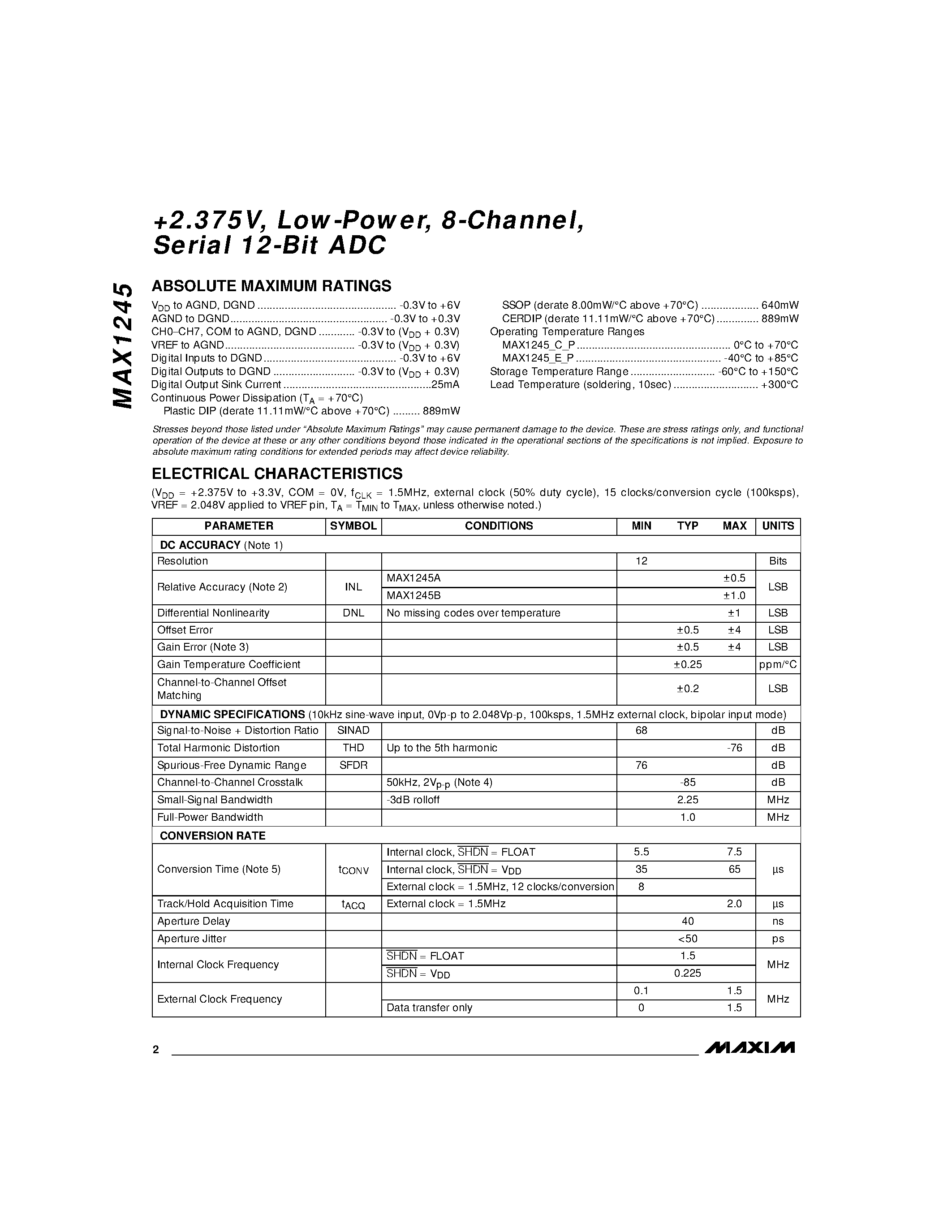 Datasheet MAX1245 - +2.375V / Low-Power / 8-Channel / Serial 12-Bit ADC page 2