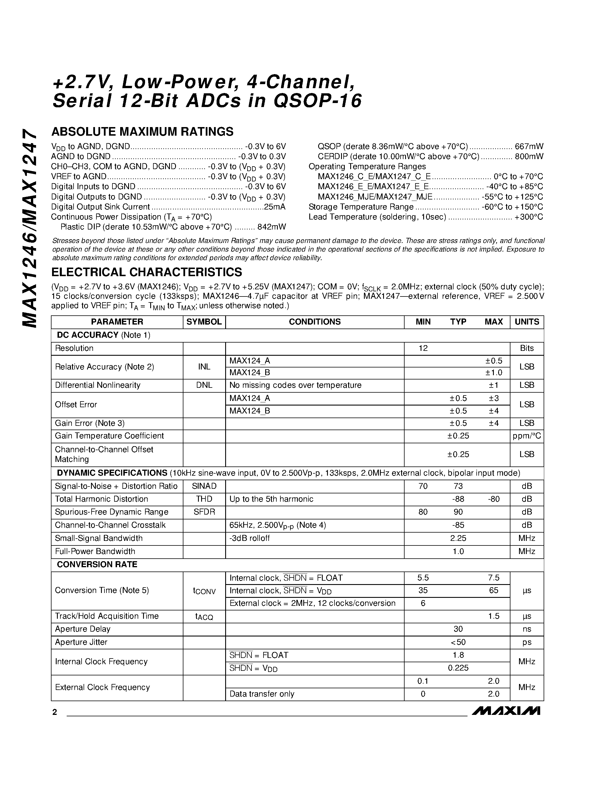 Datasheet MAX1246AMJE - +2.7V / Low-Power / 4-Channel / Serial 12-Bit ADCs in QSOP-16 page 2