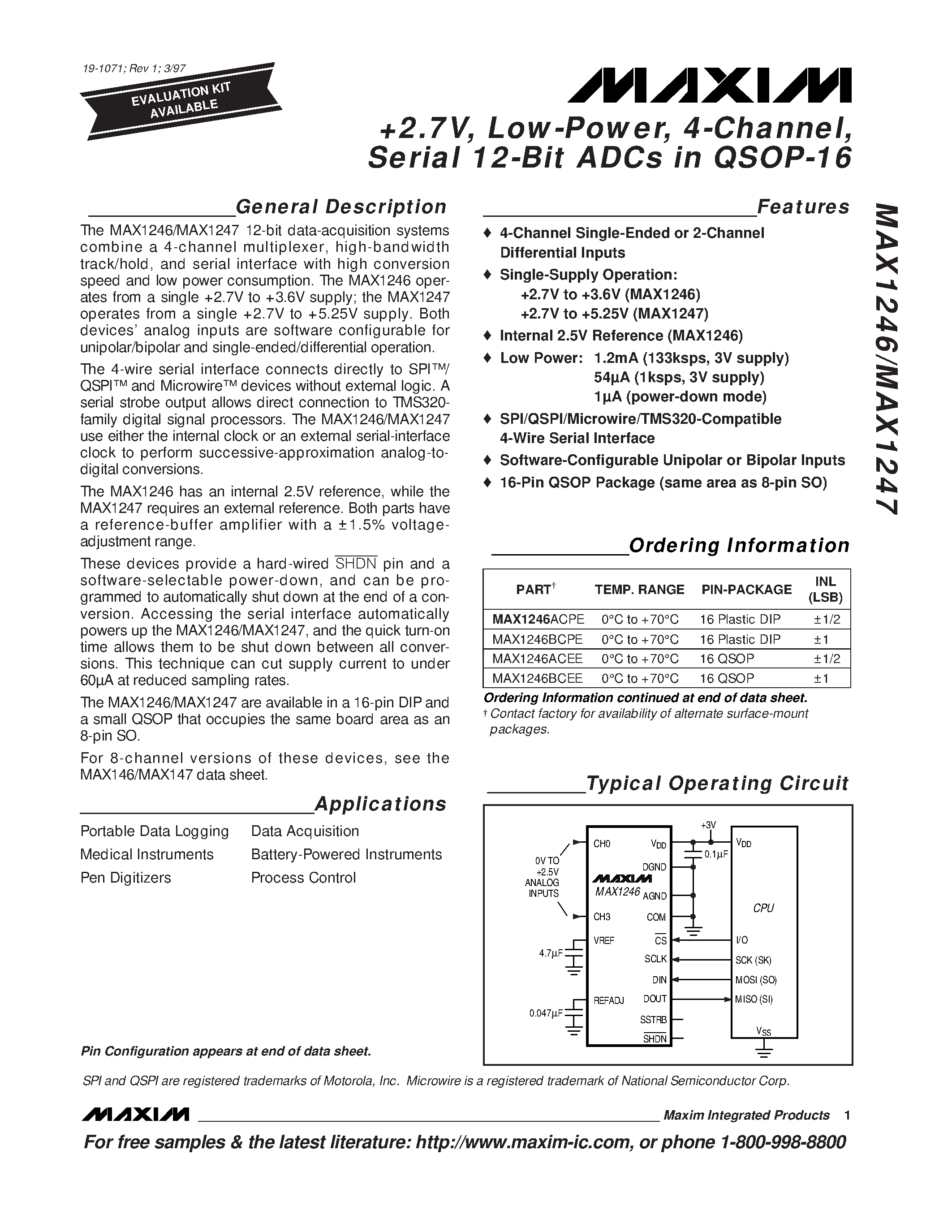 Datasheet MAX1246BEEE - +2.7V / Low-Power / 4-Channel / Serial 12-Bit ADCs in QSOP-16 page 1