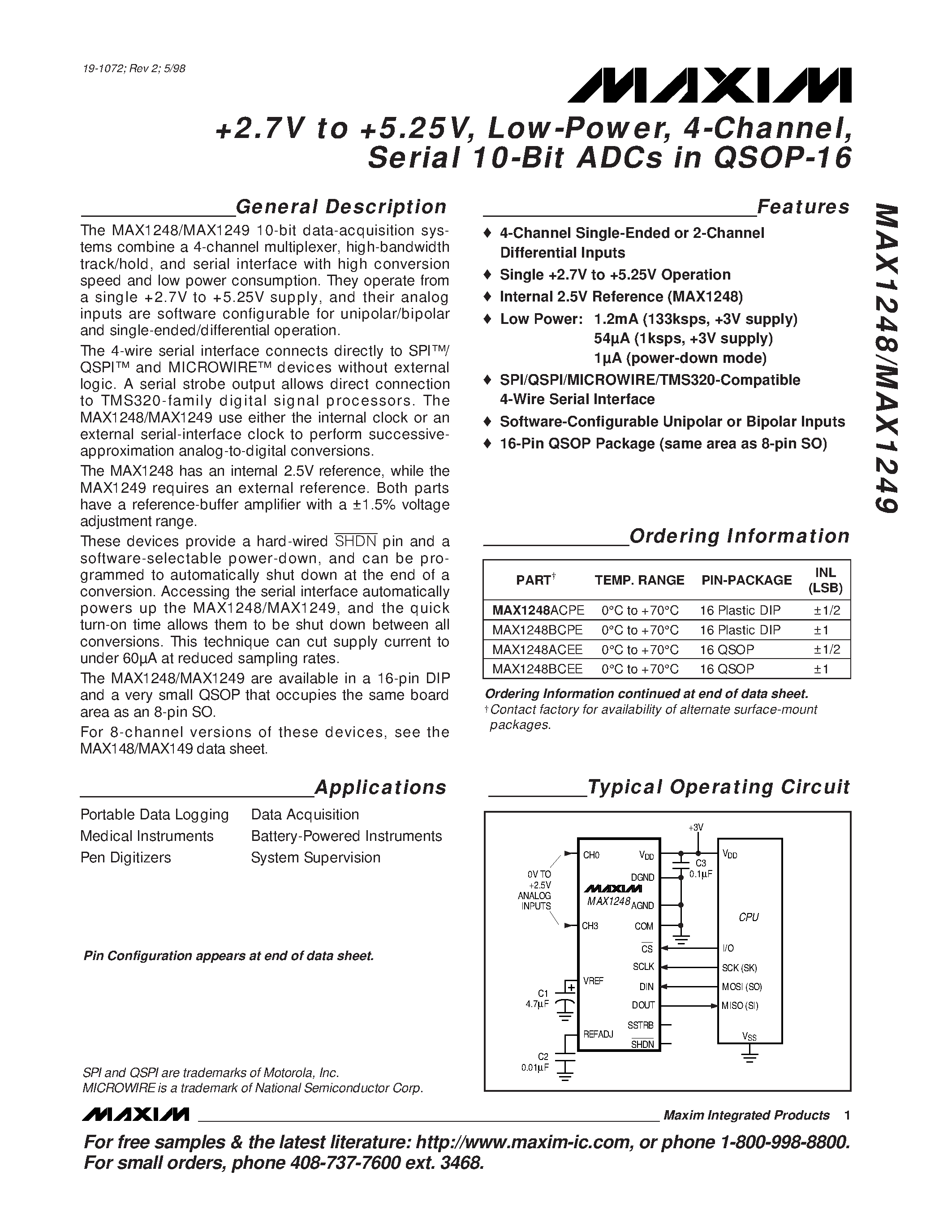 Datasheet MAX1249 - +2.7V to +5.25V / Low-Power / 4-Channel / Serial 10-Bit ADCs in QSOP-16 page 1
