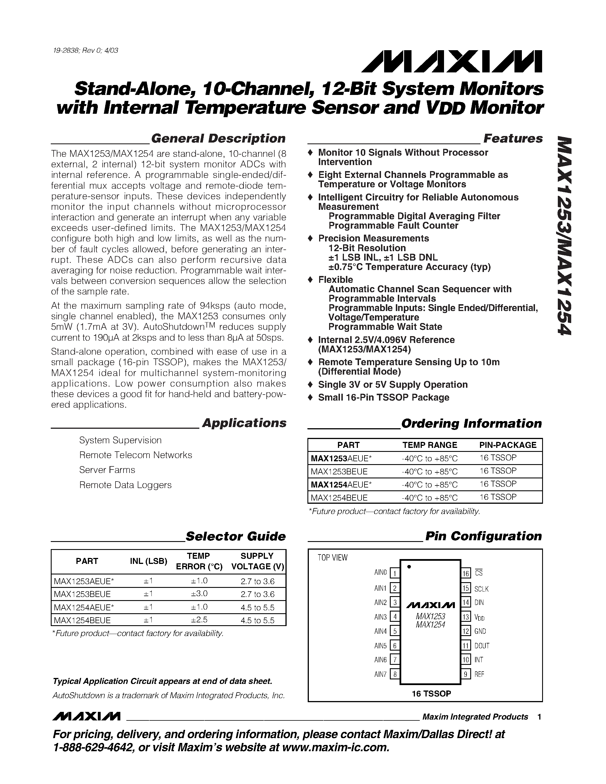 Даташит MAX1253 - Stand-Alone / 10-Channel / 12-Bit System Monitors with Internal Temperature Sensor and VDD Monitor страница 1