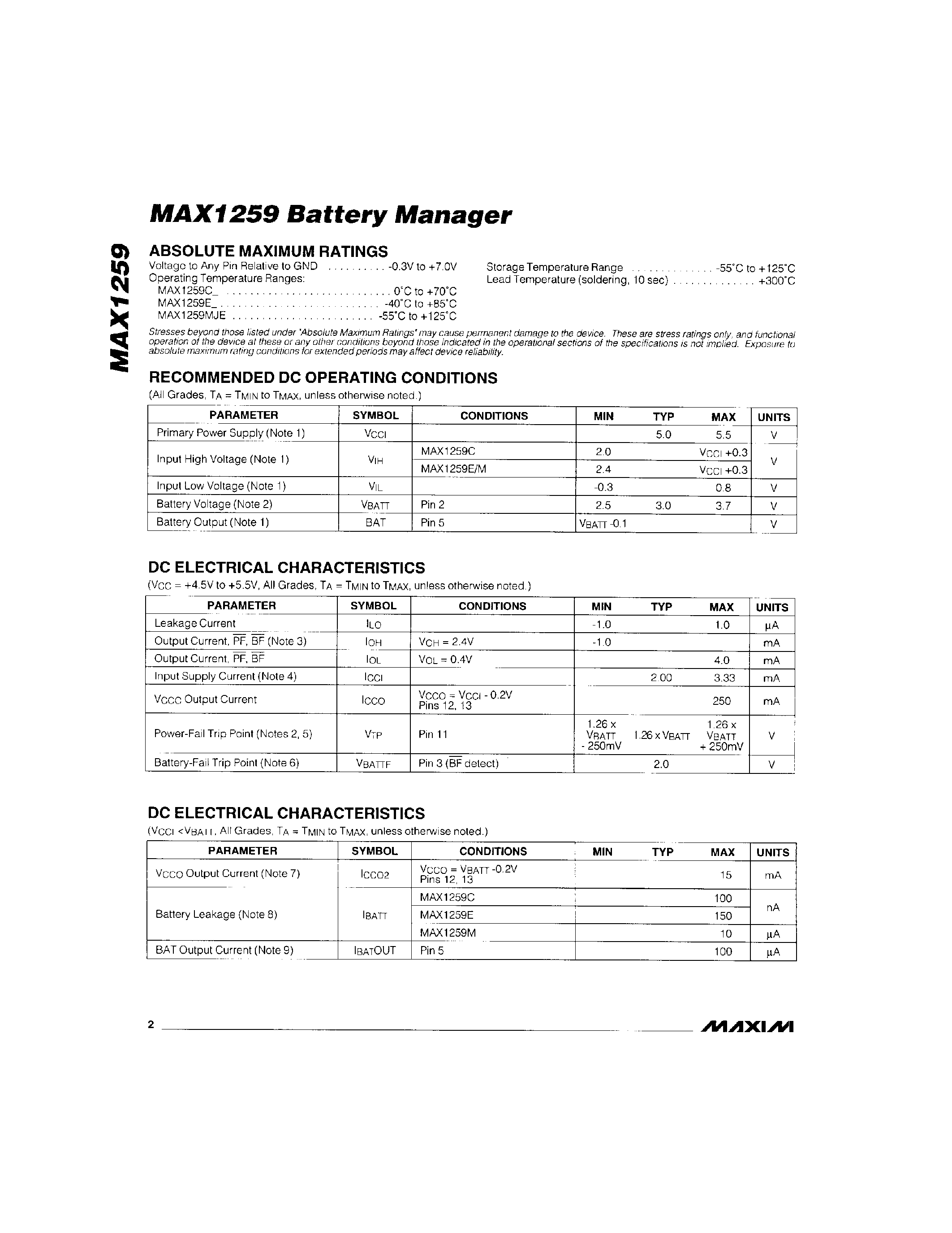 Datasheet MAX1259 - MAX1259 Battery Manager page 2