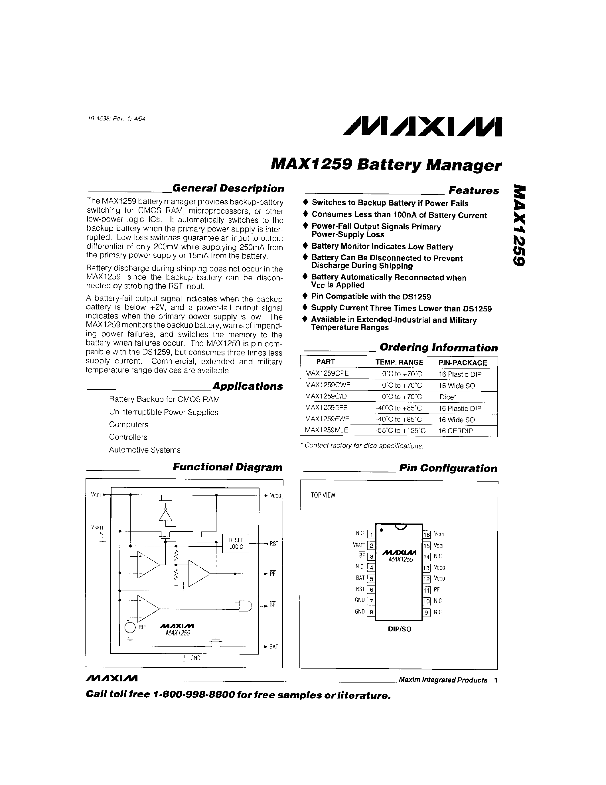 Datasheet MAX1259MJE - MAX1259 Battery Manager page 1