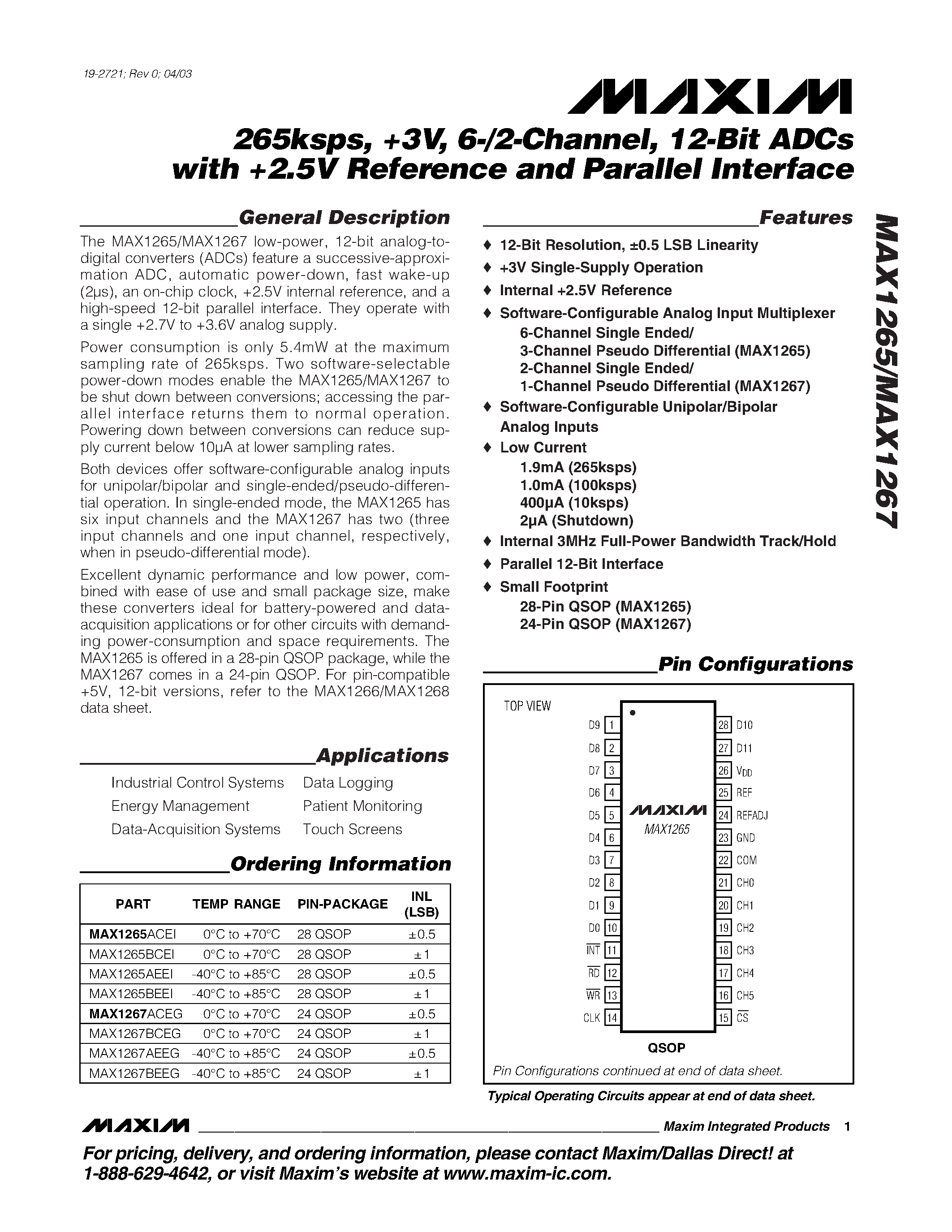 Даташит MAX1265ACEI - 265ksps / +3V / 6-/2-Channel / 12-Bit ADCs with +2.5V Reference and Parallel Interface страница 1