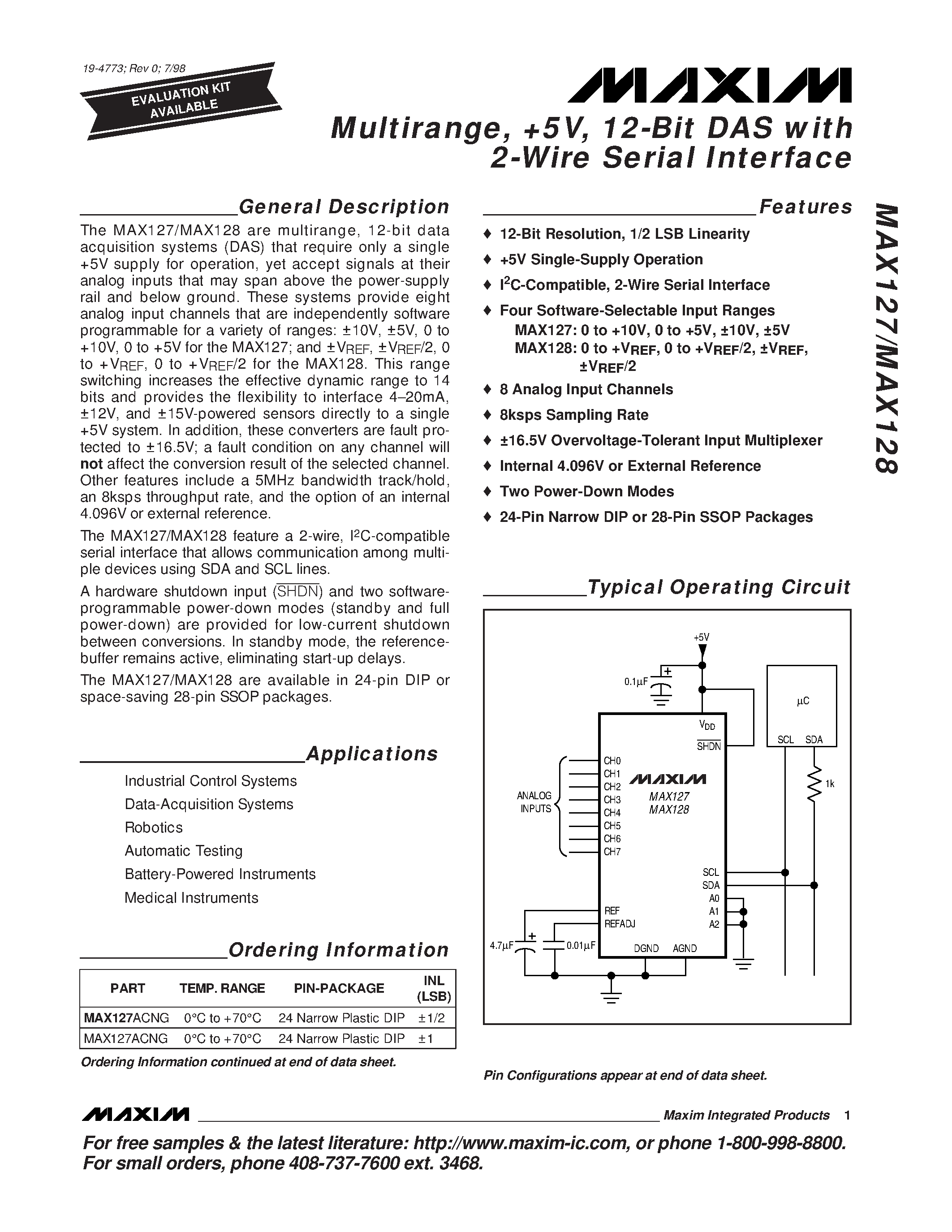 Datasheet MAX127 - Multirange / +5V / 12-Bit DAS with 2-Wire Serial Interface page 1