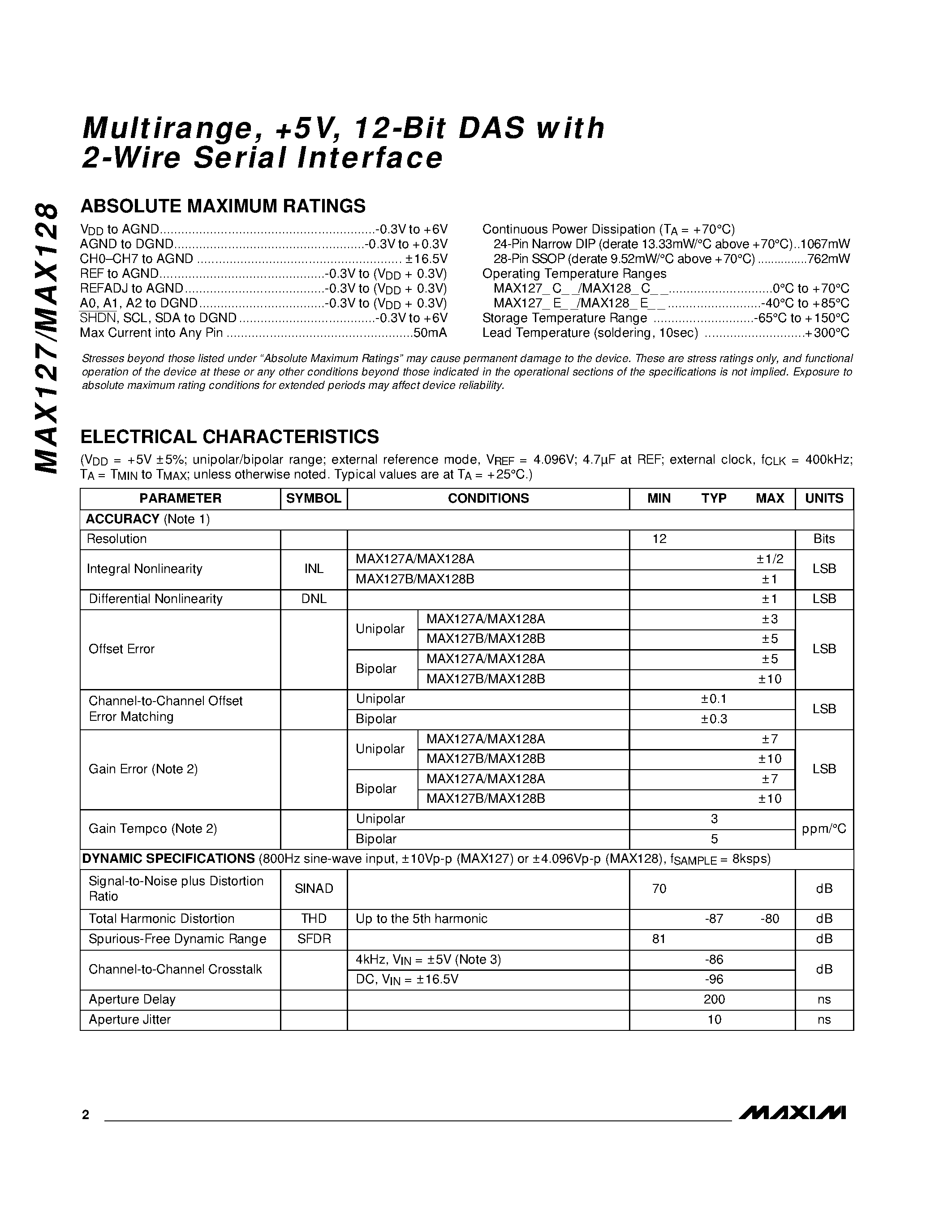 Datasheet MAX127 - Multirange / +5V / 12-Bit DAS with 2-Wire Serial Interface page 2