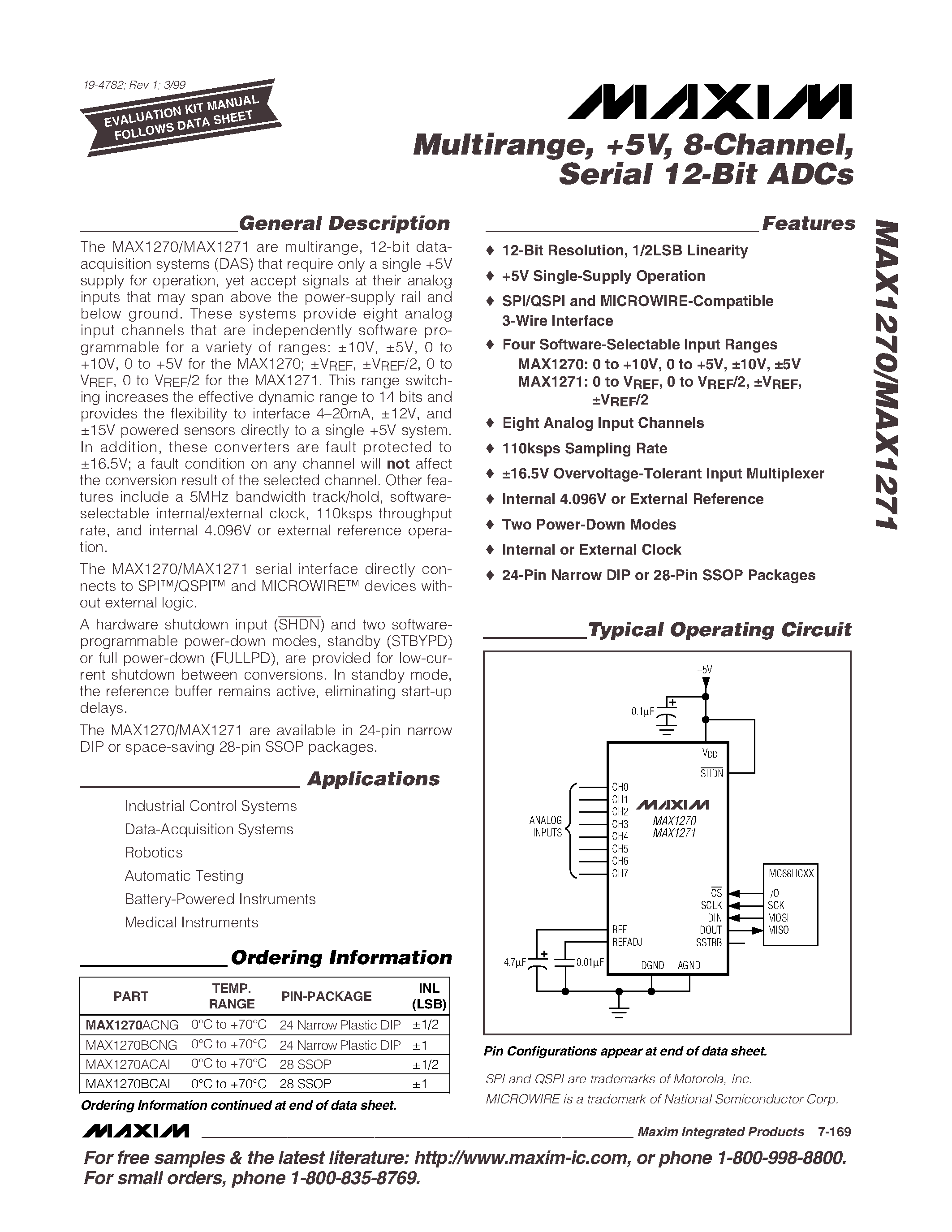 Даташит MAX1271ACNG - Multirange / +5V / 8-Channel / Serial 12-Bit ADCs страница 1