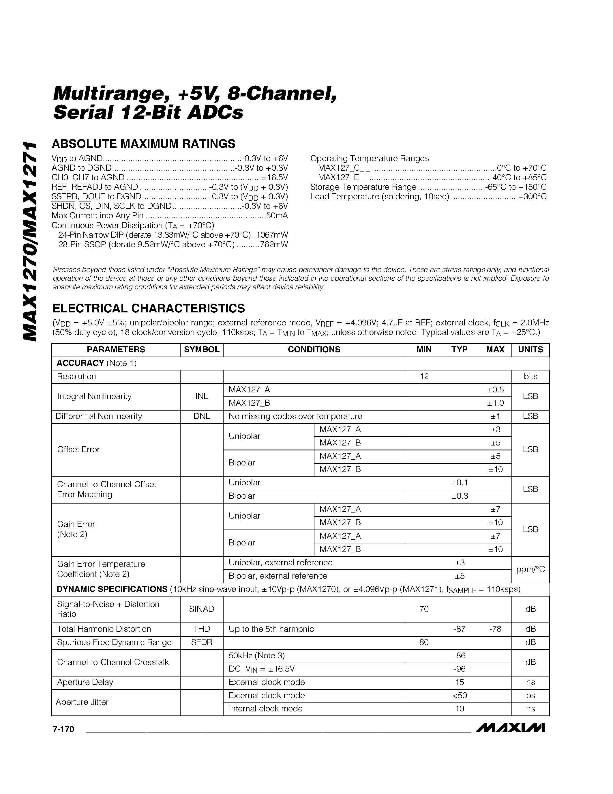 Даташит MAX1271AENG - Multirange / +5V / 8-Channel / Serial 12-Bit ADCs страница 2