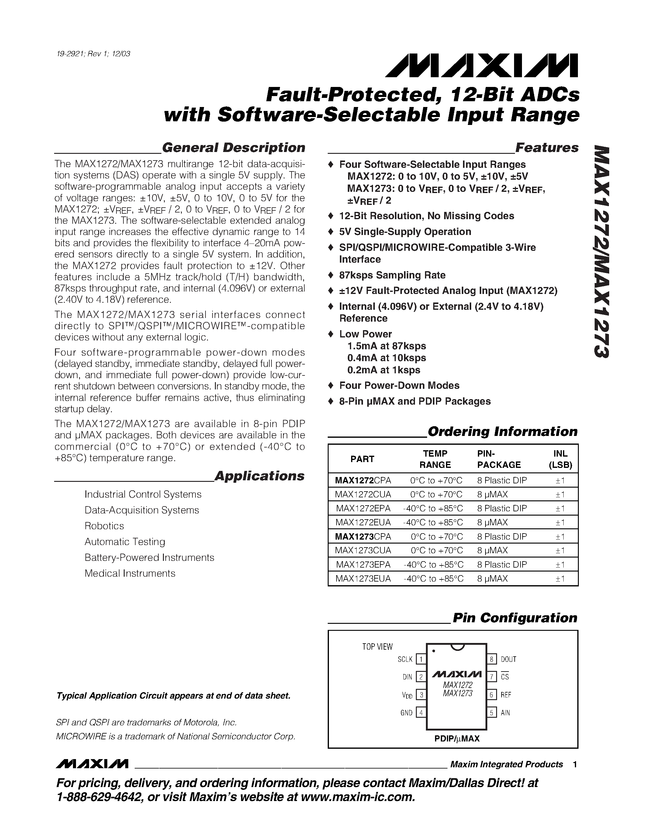Даташит MAX1272CUA - Fault-Protected / 12-Bit ADCs with Software-Selectable Input Range страница 1
