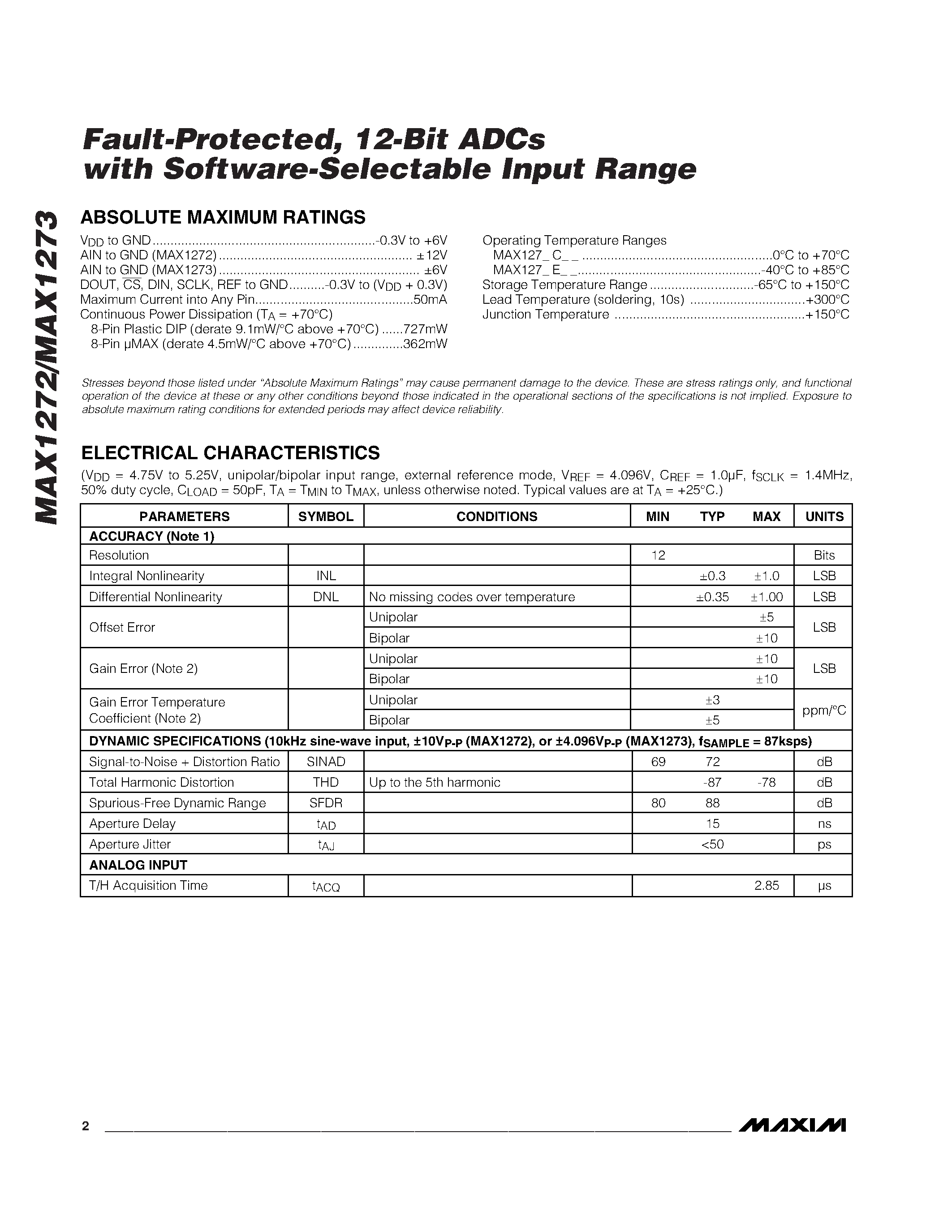 Даташит MAX1272EPA - Fault-Protected / 12-Bit ADCs with Software-Selectable Input Range страница 2