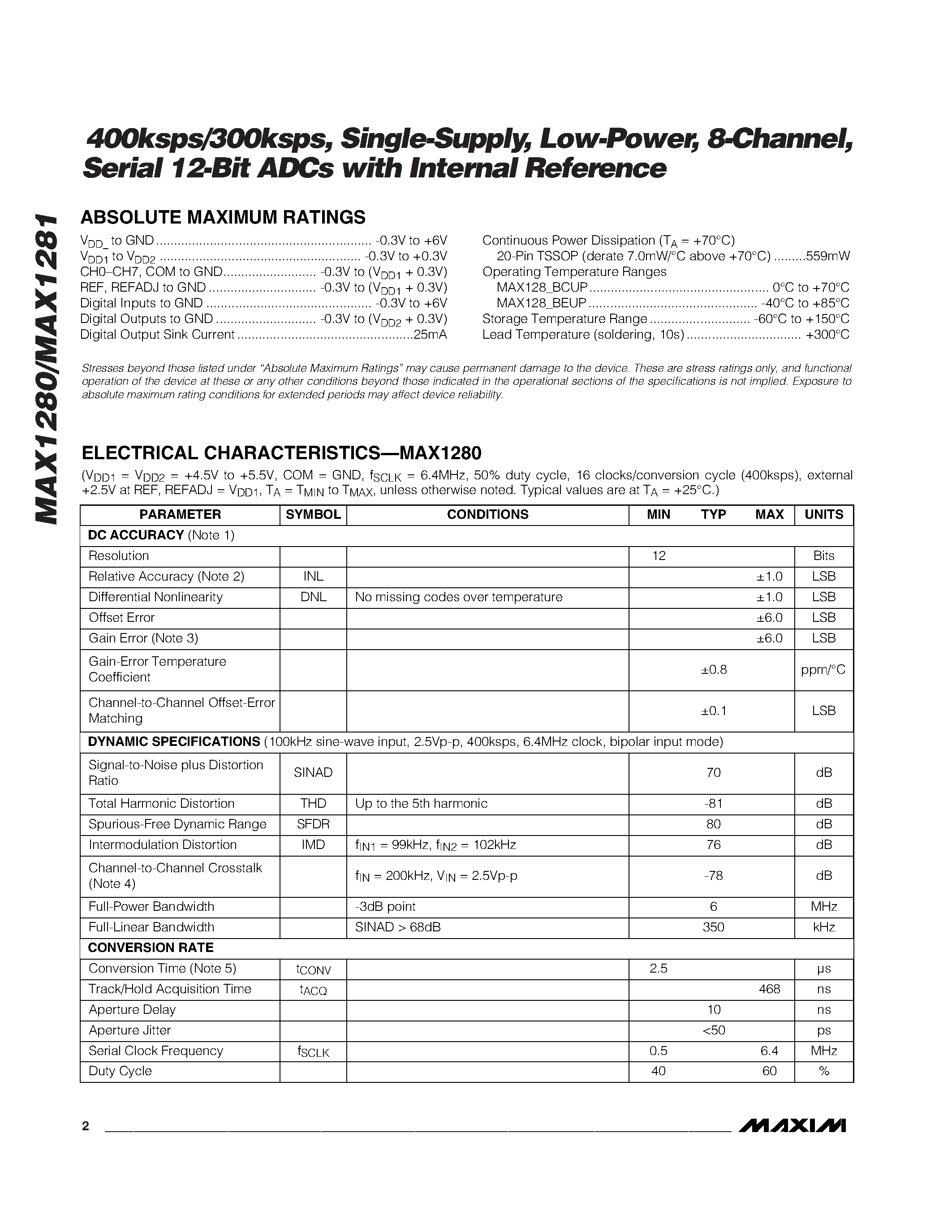 Даташит MAX1281BCUP - 400ksps/300ksps / Single-Supply / Low-Power / 8-Channel / Serial 12-Bit ADCs with Internal Reference страница 2