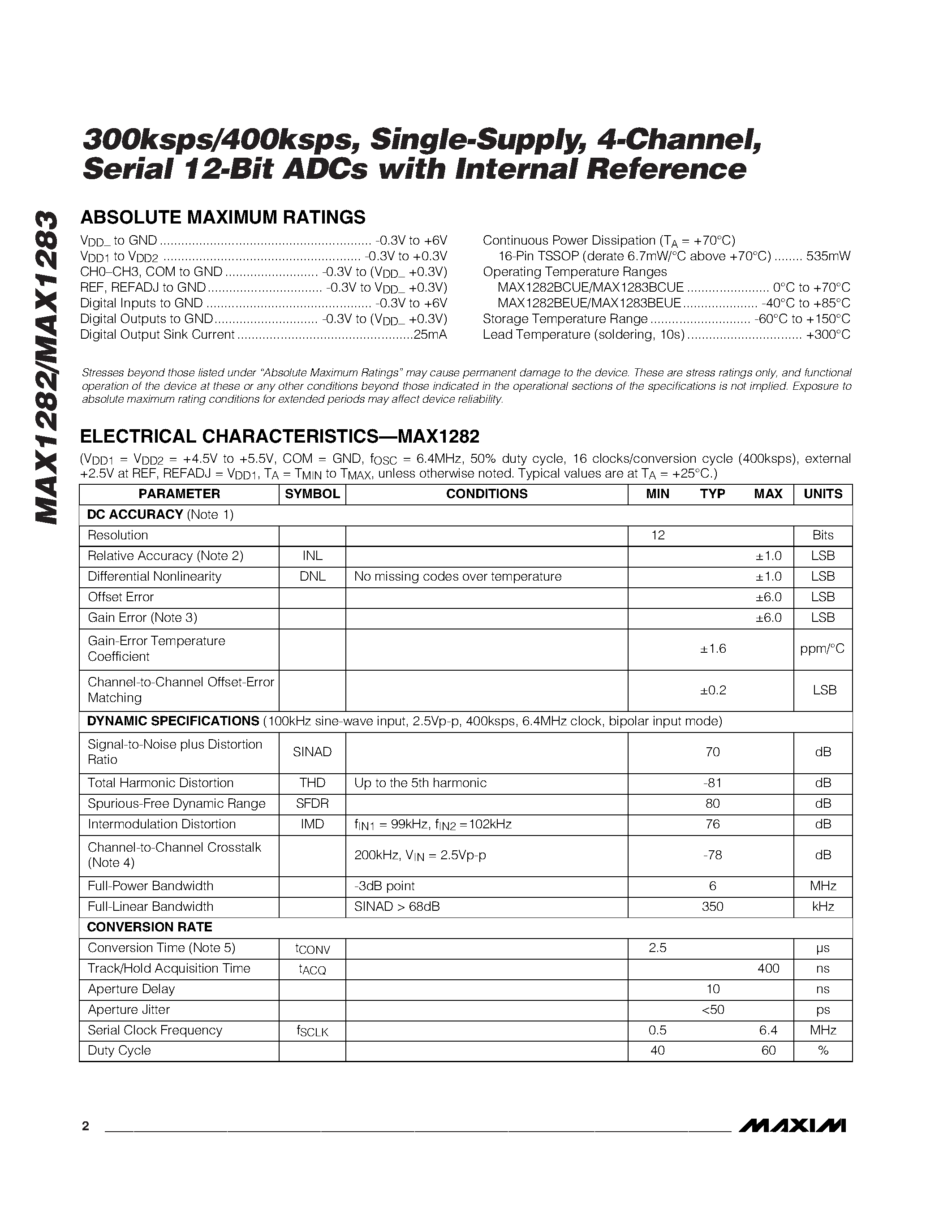 Datasheet MAX1282 - 300ksps/400ksps / Single-Supply / 4-Channel / Serial 12-Bit ADCs with Internal Reference page 2