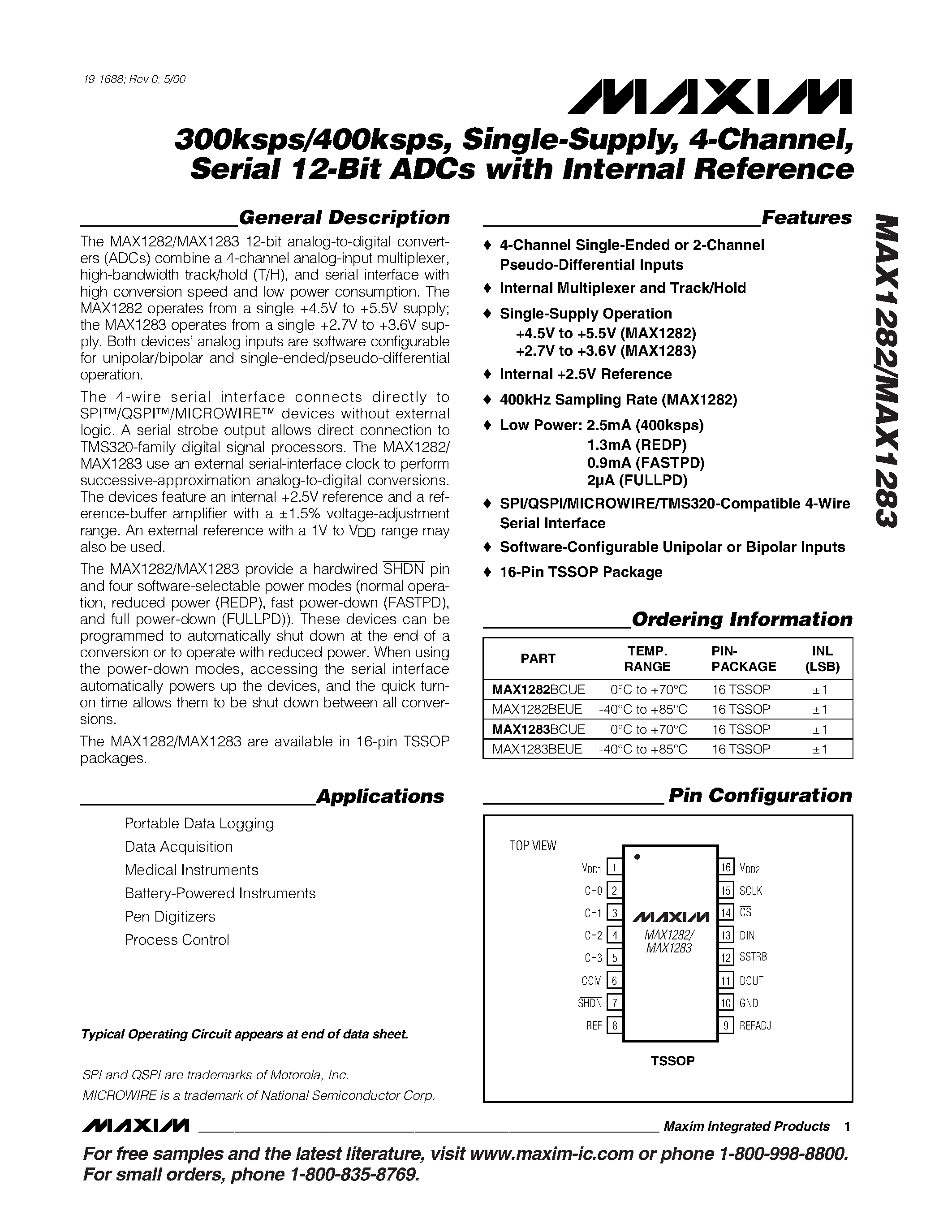 Datasheet MAX1282-MAX1283 - 300ksps/400ksps / Single-Supply / 4-Channel / Serial 12-Bit ADCs with Internal Reference page 1