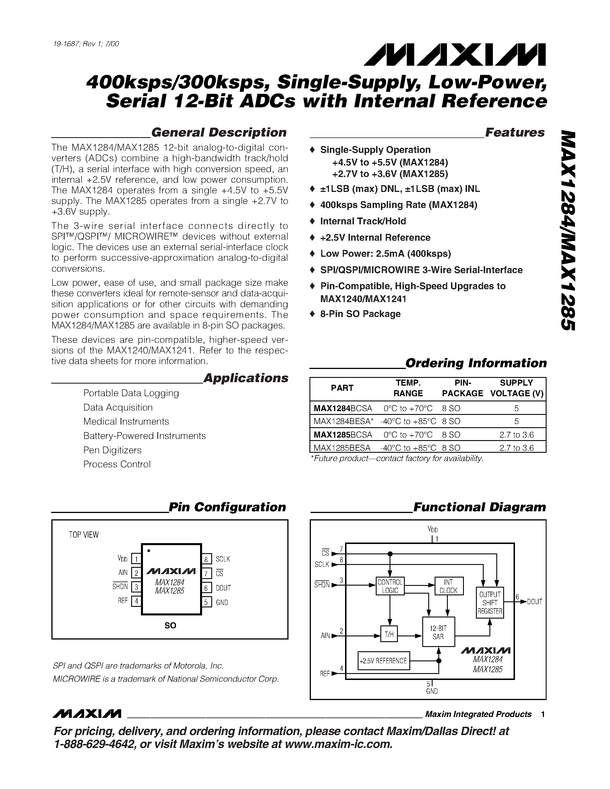 Даташит MAX1284BCSA - 400ksps/300ksps / Single-Supply / Low-Power / Serial 12-Bit ADCs with Internal Reference страница 1