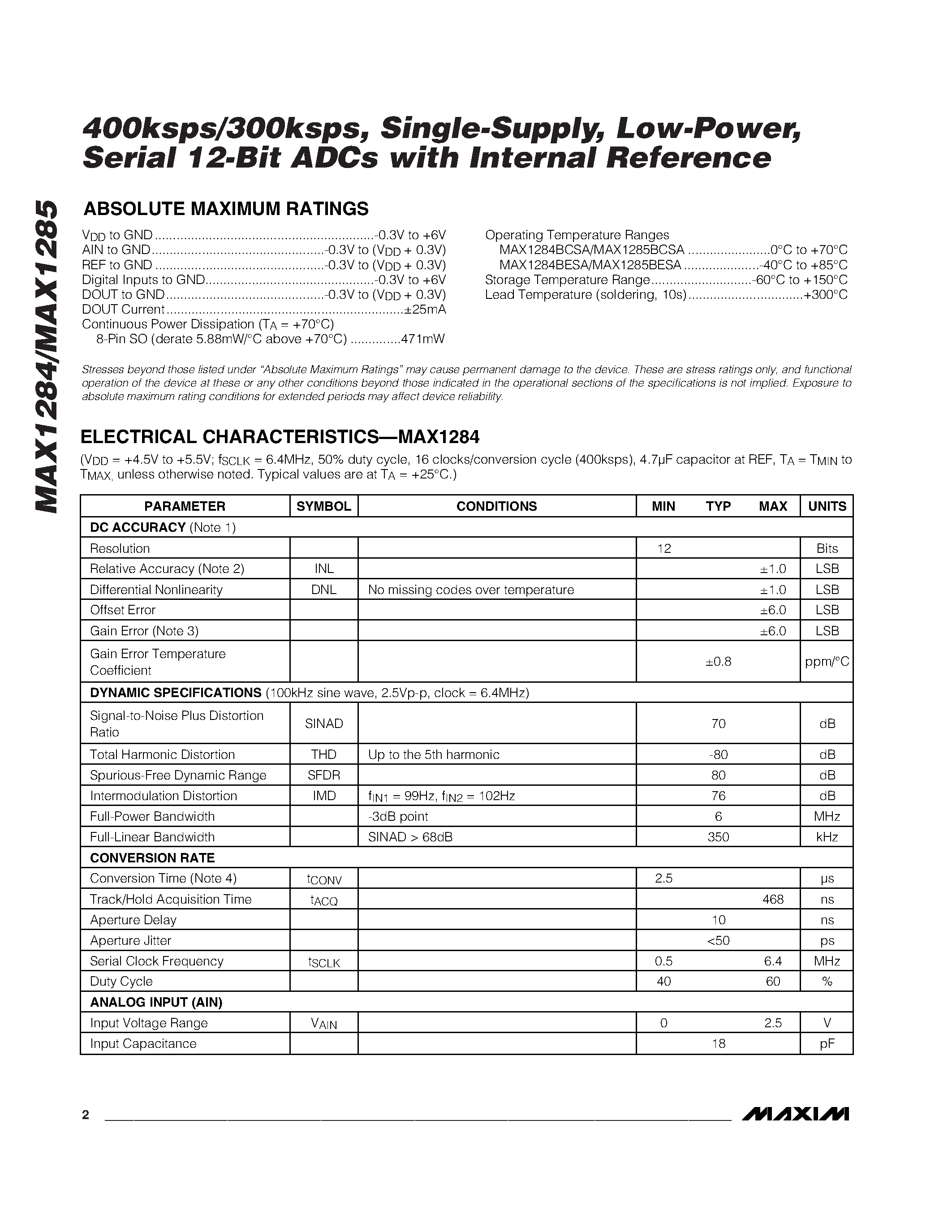 Даташит MAX1284BESA - 400ksps/300ksps / Single-Supply / Low-Power / Serial 12-Bit ADCs with Internal Reference страница 2