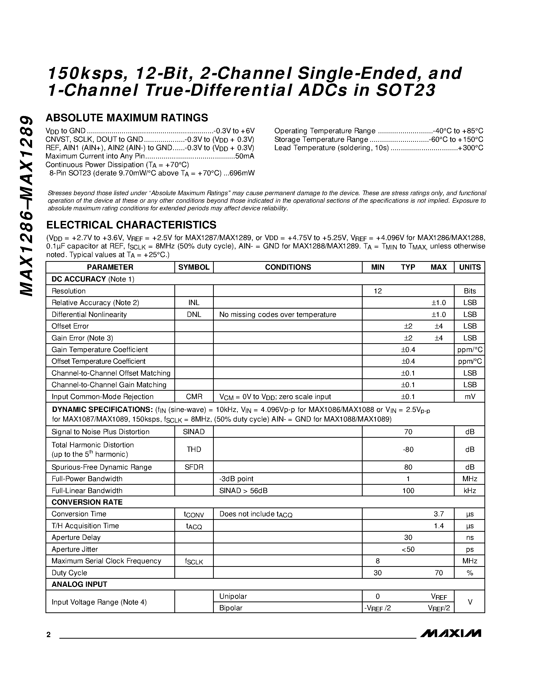 Datasheet MAX1287EKA-T page 2 Datasheet MAX1287EKA-T - 150ksps / 12-Bit / 2-Channel Single-Ended / and 1-Channel True-Differential ADCs in SOT23 page 2