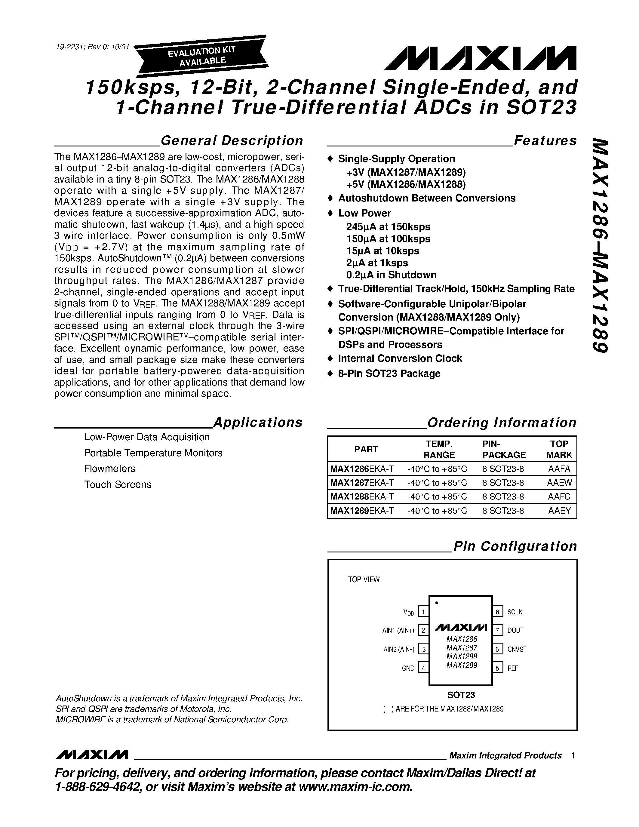 Даташит MAX1288 - 150ksps / 12-Bit / 2-Channel Single-Ended / and 1-Channel True-Differential ADCs in SOT23 страница 1